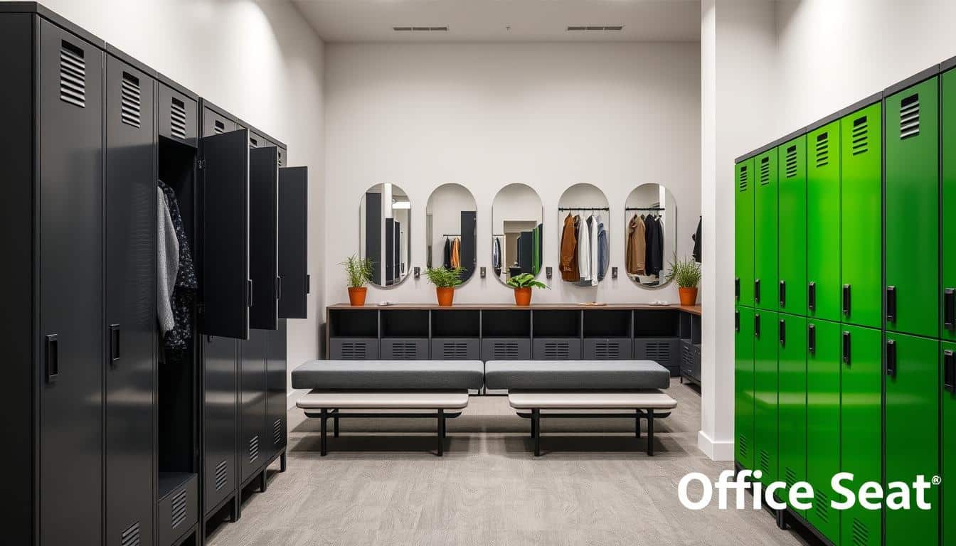 Lockers for dressing rooms, showcasing a variety of styles and designs in a modern workplace environment. In the foreground, sleek metal lockers in dark gray and vibrant green colors, some partially open to reveal neatly hung clothing. In the middle ground, an organized dressing area with stylish benches and elegant wall mirrors reflecting natural light. The background features subtle details like potted plants to create a welcoming atmosphere. Use soft, diffused lighting that suggests a calm and professional mood, captured from a slightly elevated angle to emphasize the lockers' functionality and aesthetic appeal. Include the brand name "Office Seat" subtly in the bottom corner, ensuring it's well legible. Lockers for dressing rooms, showcasing a variety of styles and designs in a modern workplace environment. In the foreground, sleek metal lockers in dark gray and vibrant green colors, some partially open to reveal neatly hung clothing. In the middle ground, an organized dressing area with stylish benches and elegant wall mirrors reflecting natural light. The background features subtle details like potted plants to create a welcoming atmosphere. Use soft, diffused lighting that suggests a calm and professional mood, captured from a slightly elevated angle to emphasize the lockers' functionality and aesthetic appeal. Include the brand name "Office Seat" subtly in the bottom corner, ensuring it's well legible.