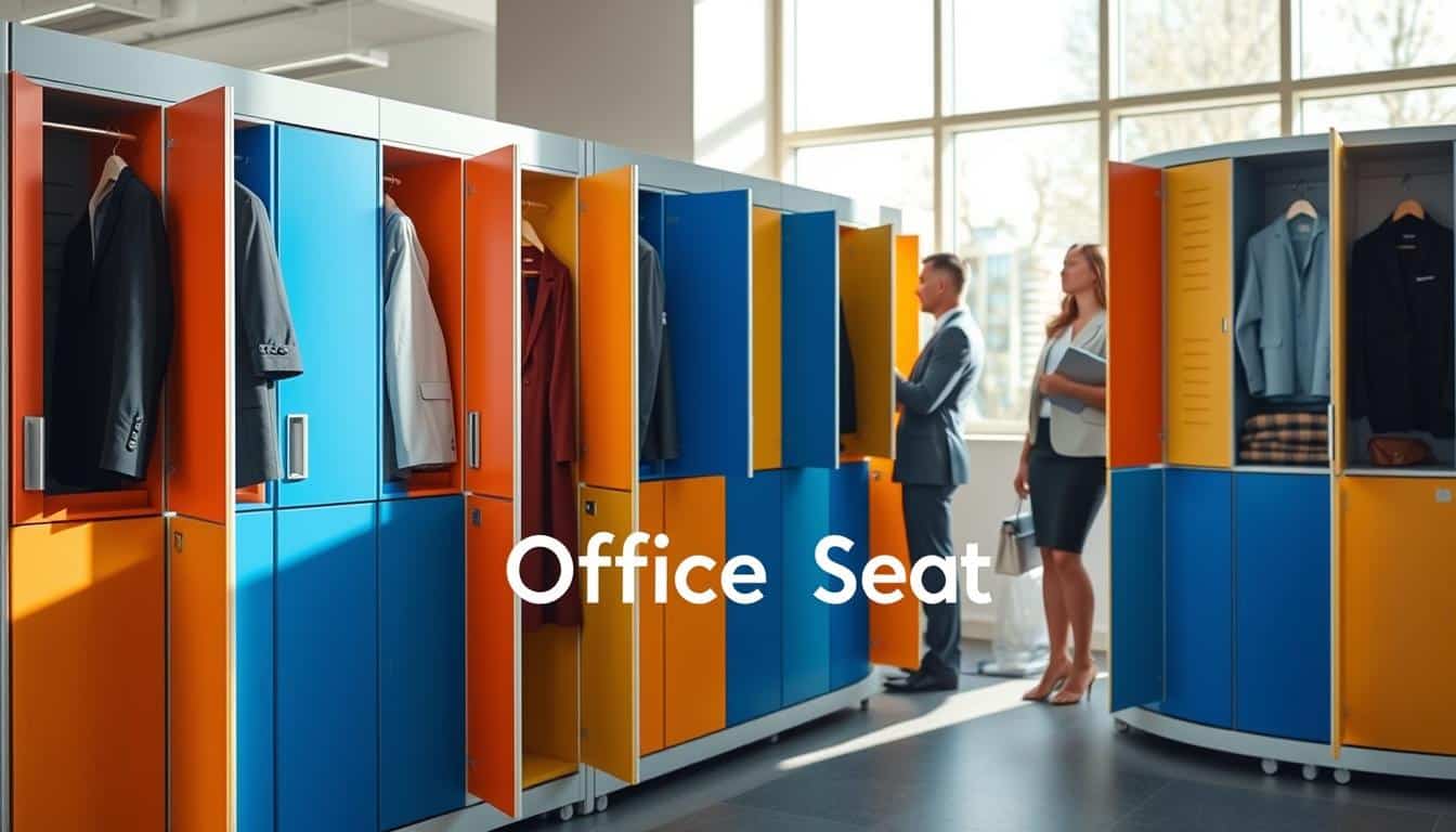 Lockers for hanging clothes in a modern Dominican office environment, showcasing a row of vibrant, well-designed lockers made of durable materials. In the foreground, depict several lockers with their doors slightly ajar, revealing neatly hung business attire, such as blazers and dresses, as well as neatly folded uniforms. In the middle ground, show professionals in smart business attire interacting with the lockers, emphasizing a sense of community and organization. The background features a bright, airy office space with natural light streaming in through large windows, casting soft shadows. The atmosphere is one of professionalism and efficiency, capturing the growing demand for organized storage solutions in Dominican enterprises. Please include the brand name "Office Seat" subtly integrated into the scene, ensuring it's clearly legible. Lockers for hanging clothes in a modern Dominican office environment, showcasing a row of vibrant, well-designed lockers made of durable materials. In the foreground, depict several lockers with their doors slightly ajar, revealing neatly hung business attire, such as blazers and dresses, as well as neatly folded uniforms. In the middle ground, show professionals in smart business attire interacting with the lockers, emphasizing a sense of community and organization. The background features a bright, airy office space with natural light streaming in through large windows, casting soft shadows. The atmosphere is one of professionalism and efficiency, capturing the growing demand for organized storage solutions in Dominican enterprises. Please include the brand name "Office Seat" subtly integrated into the scene, ensuring it's clearly legible.