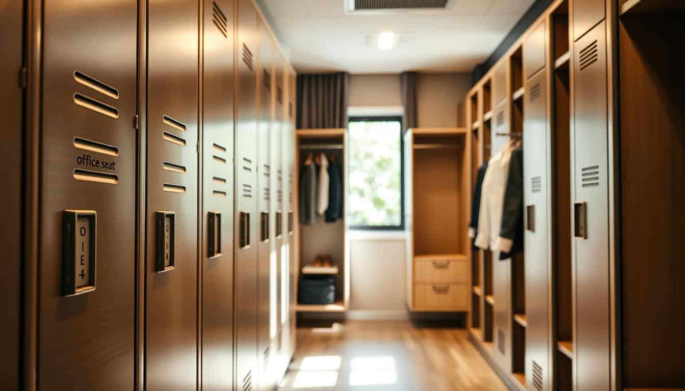 Lockers for hanging clothes in a modern corporate environment, featuring sleek metallic finishes and clear organization for garments. In the foreground, highlight a row of well-designed lockers, each with subtle embossed branding "Office Seat" in an elegant font. The middle section shows clothing elegantly hung inside the lockers, neatly arranged in professional business attire. The background features a tastefully decorated locker room, with warm lighting creating a welcoming atmosphere. A wide-angle view captures the space, emphasizing both functionality and aesthetic appeal. Soft shadows add depth, while natural light filters in from a nearby window, enhancing the welcoming feel of the environment. Lockers for hanging clothes in a modern corporate environment, featuring sleek metallic finishes and clear organization for garments. In the foreground, highlight a row of well-designed lockers, each with subtle embossed branding "Office Seat" in an elegant font. The middle section shows clothing elegantly hung inside the lockers, neatly arranged in professional business attire. The background features a tastefully decorated locker room, with warm lighting creating a welcoming atmosphere. A wide-angle view captures the space, emphasizing both functionality and aesthetic appeal. Soft shadows add depth, while natural light filters in from a nearby window, enhancing the welcoming feel of the environment.