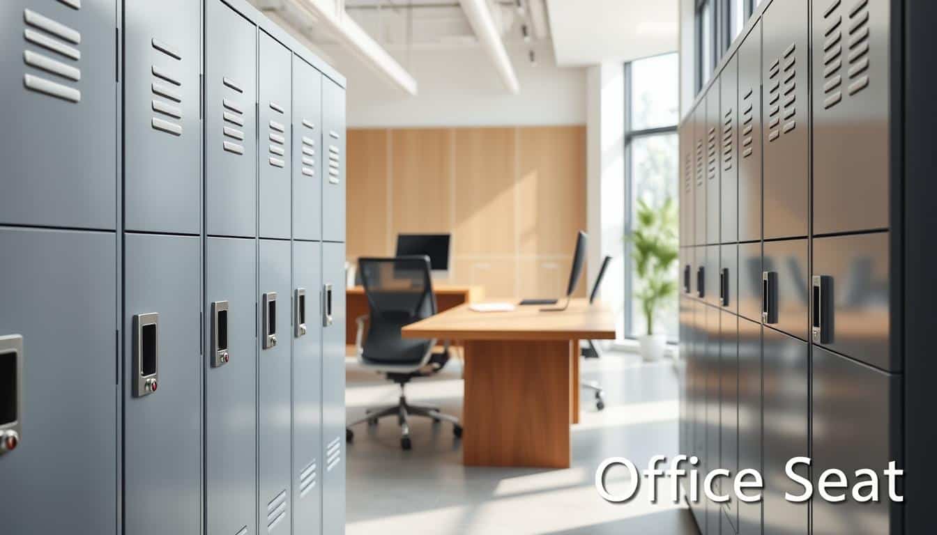 Metal lockers for offices arranged in a modern, well-lit workspace. In the foreground, several sleek gray metallic lockers with seamless designs and smooth finishes are visible, showcasing combination locks and ventilation slots. The middle ground features a stylish wooden desk and ergonomic office chairs, complementing the lockers’ metallic sheen. In the background, large windows let in natural light, creating a bright and inviting atmosphere. The scene exudes professionalism and organization, suitable for a contemporary office environment. A subtle shadow of the text "Office Seat" is etched along the bottom right corner, adding a branding element without obstructing the view. The image should convey a sense of efficiency and modernity, perfect for illustrating the types of metal lockers used in office settings. Metal lockers for offices arranged in a modern, well-lit workspace. In the foreground, several sleek gray metallic lockers with seamless designs and smooth finishes are visible, showcasing combination locks and ventilation slots. The middle ground features a stylish wooden desk and ergonomic office chairs, complementing the lockers’ metallic sheen. In the background, large windows let in natural light, creating a bright and inviting atmosphere. The scene exudes professionalism and organization, suitable for a contemporary office environment. A subtle shadow of the text "Office Seat" is etched along the bottom right corner, adding a branding element without obstructing the view. The image should convey a sense of efficiency and modernity, perfect for illustrating the types of metal lockers used in office settings.