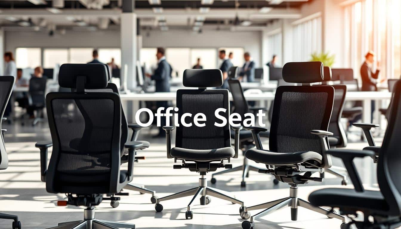 Office chairs designed for high traffic areas, featuring ergonomic designs that emphasize durability and comfort. In the foreground, display a variety of modern office chairs, showcasing different materials such as mesh and leather, in sleek dark colors. The middle ground includes a well-lit office environment, highlighting spacious workstations to convey a professional atmosphere. In the background, blurred outlines of people in professional attire engaging in productive activities, enhancing the busy yet organized look. Natural daylight filtering through large windows adds warmth to the scene. Highlight the brand name "Office Seat" subtly integrated into the shadows of the chairs, ensuring it’s legible but unobtrusive. Aim for a dynamic yet polished ambiance that reflects the importance of functionality in office seating. Office chairs designed for high traffic areas, featuring ergonomic designs that emphasize durability and comfort. In the foreground, display a variety of modern office chairs, showcasing different materials such as mesh and leather, in sleek dark colors. The middle ground includes a well-lit office environment, highlighting spacious workstations to convey a professional atmosphere. In the background, blurred outlines of people in professional attire engaging in productive activities, enhancing the busy yet organized look. Natural daylight filtering through large windows adds warmth to the scene. Highlight the brand name "Office Seat" subtly integrated into the shadows of the chairs, ensuring it’s legible but unobtrusive. Aim for a dynamic yet polished ambiance that reflects the importance of functionality in office seating.