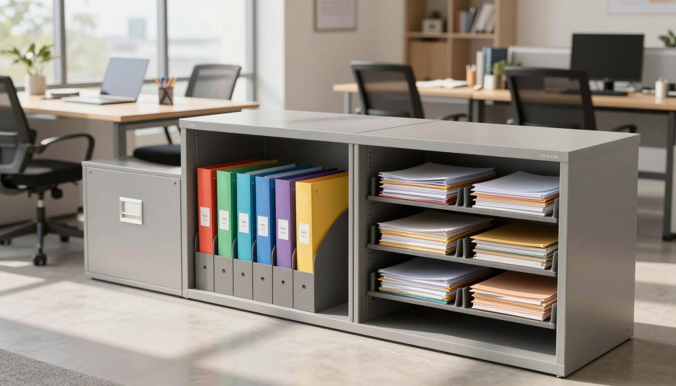 archivos de oficina organizados con archiveros verticales y horizontales