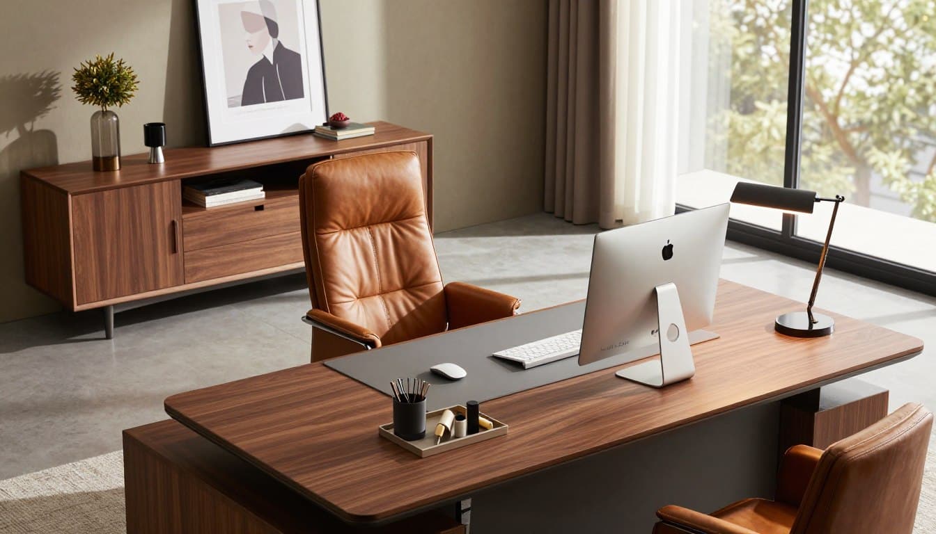 configuración de oficina ejecutiva con escritorio y credenza