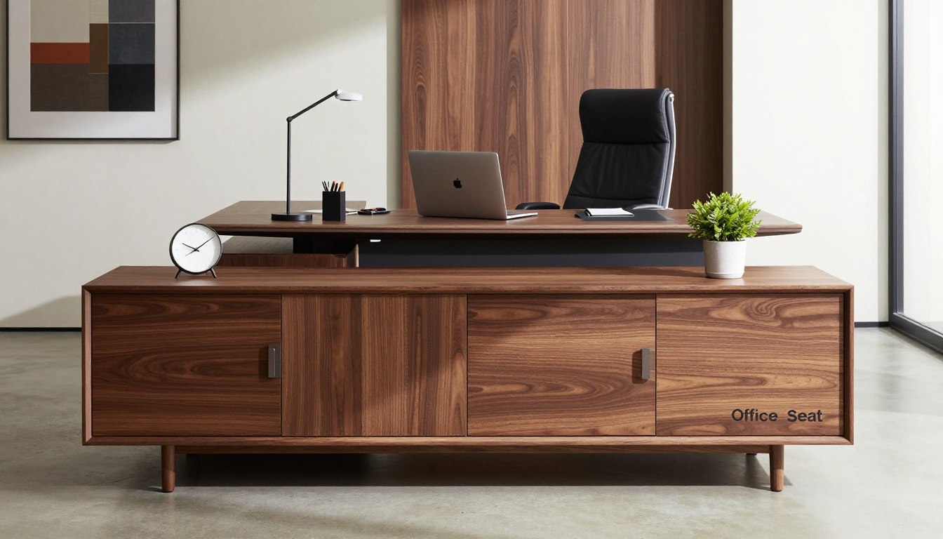 credenza de madera con escritorio moderno en oficina ejecutiva