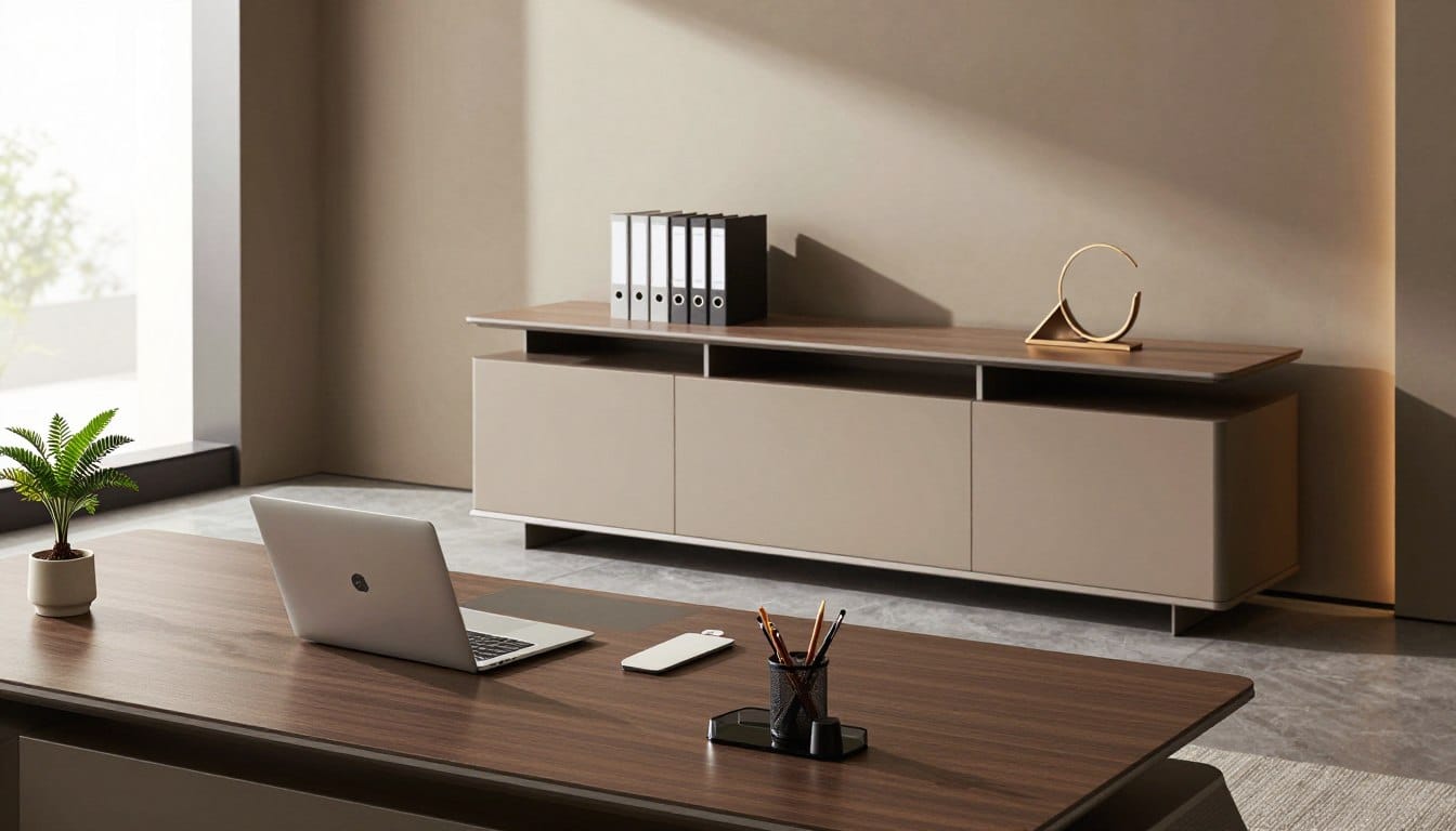 oficina ejecutiva con escritorio y credenza optimizados para productividad