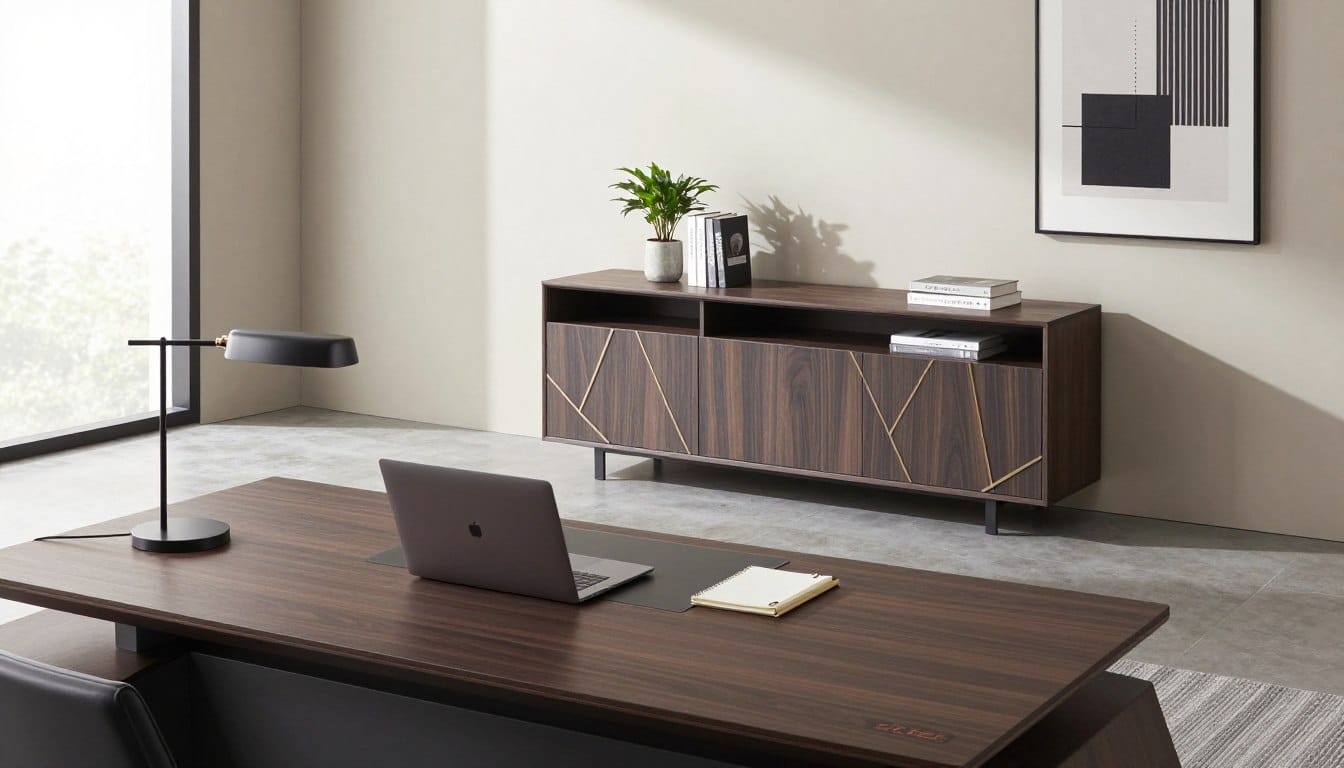 oficina ejecutiva moderna con escritorio y credenza