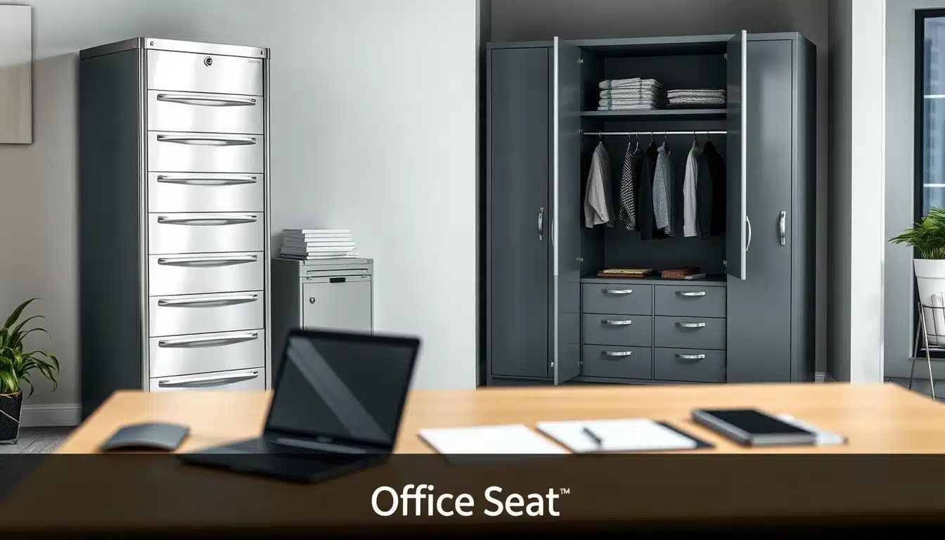 A beautifully organized office space showcasing two distinct storage solutions side by side: on the left, a sleek metallic filing cabinet with multiple drawers, reflecting a polished silver surface and fine details, and on the right, a spacious metal wardrobe designed for larger items, painted in a muted grey tone. The foreground features clean lines and a modern desk equipped with a laptop, notepads, and office supplies. In the middle ground, a soft focus highlights the storage units, while the background presents a minimalistic office setting with soft ambient lighting creating a calm and professional atmosphere. Capture this scene from a slightly elevated angle to emphasize the size and functionality of both units. Add a subtle shadow of the brand name "Office Seat" at the bottom for branding visibility. A beautifully organized office space showcasing two distinct storage solutions side by side: on the left, a sleek metallic filing cabinet with multiple drawers, reflecting a polished silver surface and fine details, and on the right, a spacious metal wardrobe designed for larger items, painted in a muted grey tone. The foreground features clean lines and a modern desk equipped with a laptop, notepads, and office supplies. In the middle ground, a soft focus highlights the storage units, while the background presents a minimalistic office setting with soft ambient lighting creating a calm and professional atmosphere. Capture this scene from a slightly elevated angle to emphasize the size and functionality of both units. Add a subtle shadow of the brand name "Office Seat" at the bottom for branding visibility.