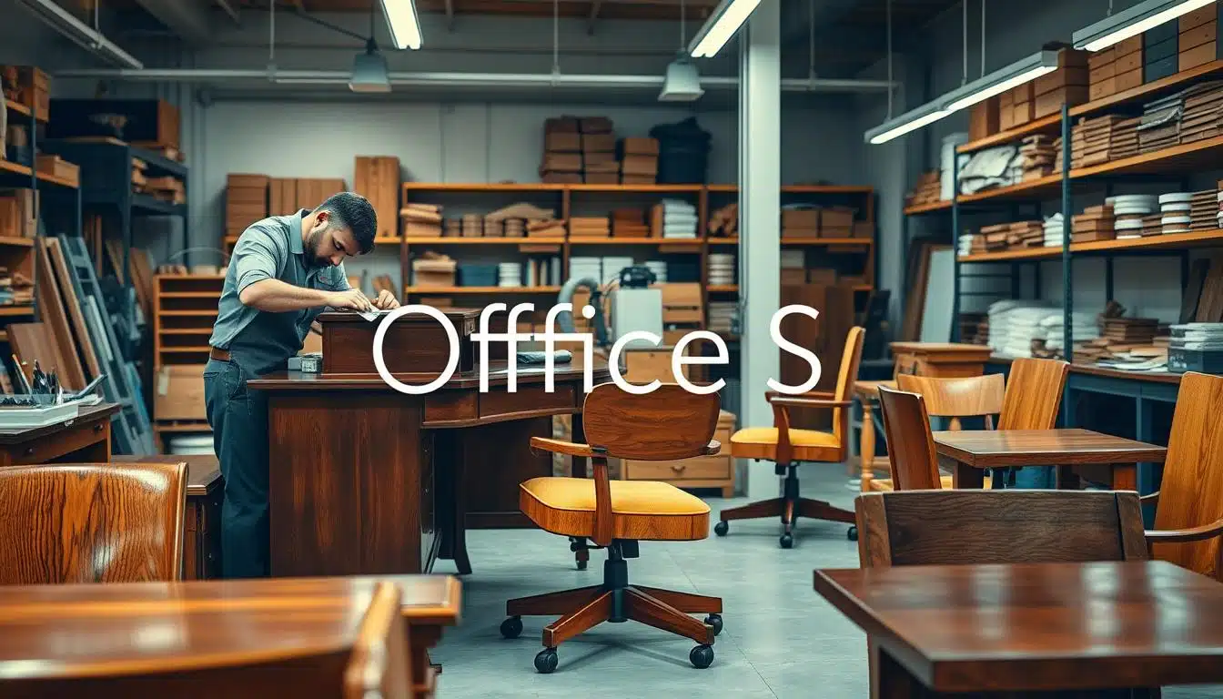 A beautifully restored office furniture workshop, showcasing a variety of wooden desks and chairs in the foreground. A skilled craftsman, dressed in professional attire, is carefully refinishing a classic mahogany desk, using high-quality tools and materials. In the middle ground, various pieces of corporate furniture are being cleaned and repaired, with bright workbenches and soft, warm lighting illuminating the scene. The background features shelves filled with stained wood varnishes, paints, and fabrics, creating an organized and inviting atmosphere. The composition should have a focus on craftsmanship, with rich textures of wood and reflective surfaces hinting at care. Overlay the image with a subtle shadow containing the brand name "Office Seat," ensuring it's legible yet integrated into the design. A beautifully restored office furniture workshop, showcasing a variety of wooden desks and chairs in the foreground. A skilled craftsman, dressed in professional attire, is carefully refinishing a classic mahogany desk, using high-quality tools and materials. In the middle ground, various pieces of corporate furniture are being cleaned and repaired, with bright workbenches and soft, warm lighting illuminating the scene. The background features shelves filled with stained wood varnishes, paints, and fabrics, creating an organized and inviting atmosphere. The composition should have a focus on craftsmanship, with rich textures of wood and reflective surfaces hinting at care. Overlay the image with a subtle shadow containing the brand name "Office Seat," ensuring it's legible yet integrated into the design.