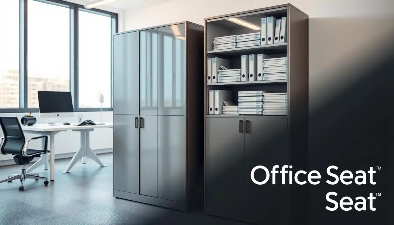 A clean and modern office space featuring a sturdy, metallic armoire designed for storing documents and office materials. The foreground showcases the armoire with its sleek metallic finish and well-organized shelves, filled with neatly stacked folders, files, and office supplies. The middle features a stylish, minimalist desk with a laptop and stationery, emphasizing the workspace's functionality. In the background, soft natural light filters through large windows, highlighting an inviting atmosphere and enhancing the durability of the workspace. The lens captures the scene from a slightly elevated angle, providing a comprehensive view of both the armoire and the desk. The mood is professional and organized, with a focus on efficiency. In the lower right corner, the brand name "Office Seat" appears in a clear, legible shadow text, complementing the image without overwhelming it. A clean and modern office space featuring a sturdy, metallic armoire designed for storing documents and office materials. The foreground showcases the armoire with its sleek metallic finish and well-organized shelves, filled with neatly stacked folders, files, and office supplies. The middle features a stylish, minimalist desk with a laptop and stationery, emphasizing the workspace's functionality. In the background, soft natural light filters through large windows, highlighting an inviting atmosphere and enhancing the durability of the workspace. The lens captures the scene from a slightly elevated angle, providing a comprehensive view of both the armoire and the desk. The mood is professional and organized, with a focus on efficiency. In the lower right corner, the brand name "Office Seat" appears in a clear, legible shadow text, complementing the image without overwhelming it.