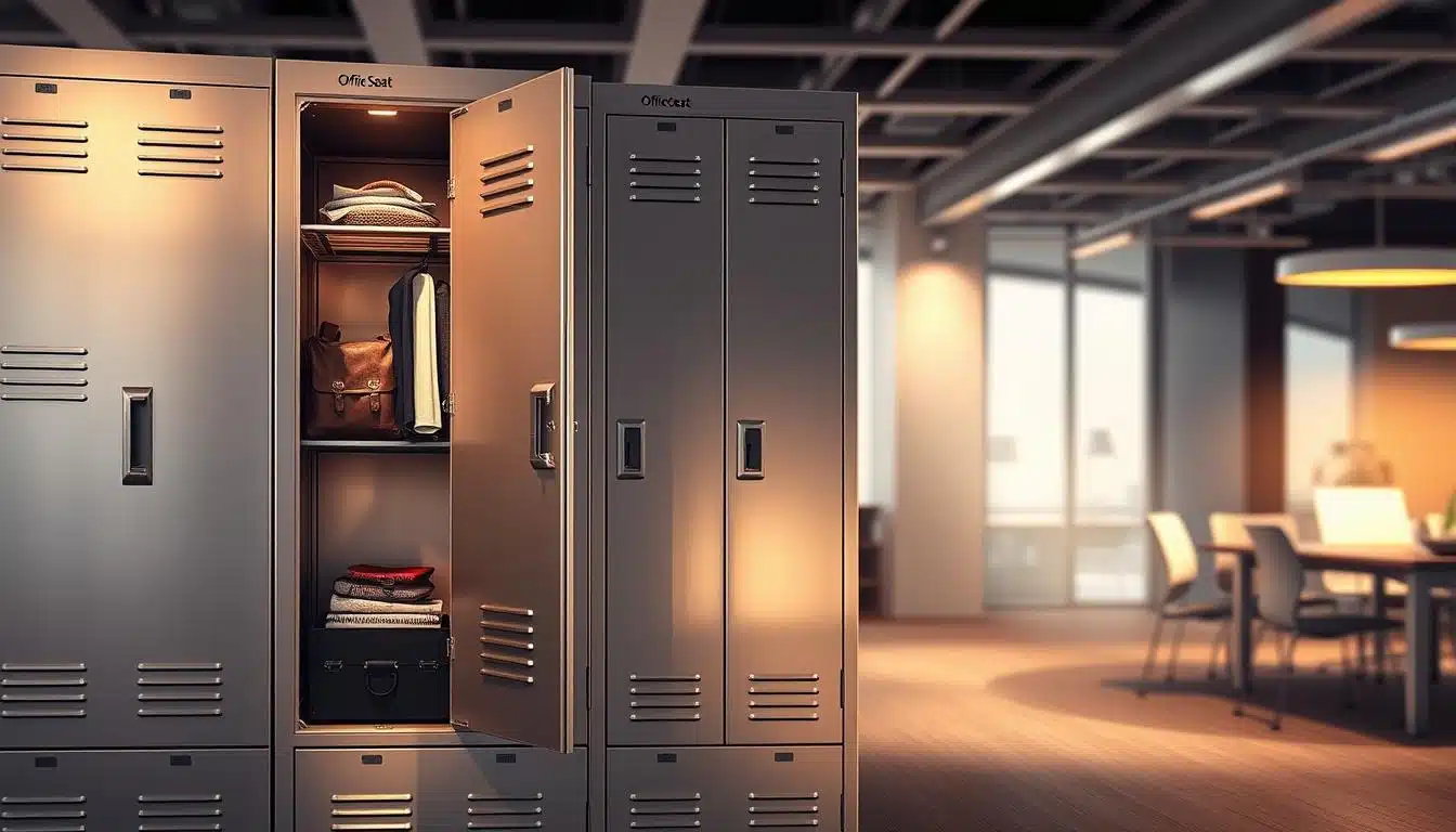 A detailed illustration of metallic lockers designed for employees, showcasing their internal measurements and storage capacity. In the foreground, focus on a partially opened locker with various items inside, like a briefcase, notebook, and personal belongings, demonstrating practical usability. In the middle ground, display a few closed lockers in a sleek office environment, reflecting a shiny metal texture and secure design. In the background, include soft-focus office elements like desks and chairs, ensuring a professional atmosphere. Use warm, ambient lighting to highlight the lockers, creating a welcoming environment. Employ a slight top-down angle to emphasize the internal dimensions, with shadows subtly indicating the brand, "Office Seat" on the surface of the lockers. The mood should be organized and functional, illustrating efficient use of space. A detailed illustration of metallic lockers designed for employees, showcasing their internal measurements and storage capacity. In the foreground, focus on a partially opened locker with various items inside, like a briefcase, notebook, and personal belongings, demonstrating practical usability. In the middle ground, display a few closed lockers in a sleek office environment, reflecting a shiny metal texture and secure design. In the background, include soft-focus office elements like desks and chairs, ensuring a professional atmosphere. Use warm, ambient lighting to highlight the lockers, creating a welcoming environment. Employ a slight top-down angle to emphasize the internal dimensions, with shadows subtly indicating the brand, "Office Seat" on the surface of the lockers. The mood should be organized and functional, illustrating efficient use of space.