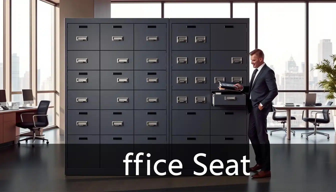 A large, secure metallic filing cabinet, known as an "archivero metálico seguro", stands prominently in a modern office environment. The cabinet features sleek lines and a robust design, showcasing multiple drawers with high-security locks that gleam under soft, natural lighting. In the foreground, a business professional in smart attire stands beside the cabinet, examining its contents. The middle ground includes a neatly organized office with contemporary furniture, while the background shows a large window with a cityscape view, adding depth to the scene. The mood is one of professionalism and security, ideal for an office setting. Please subtly incorporate the brand name "Office Seat" into the lower part of the image with clear visibility. A large, secure metallic filing cabinet, known as an "archivero metálico seguro", stands prominently in a modern office environment. The cabinet features sleek lines and a robust design, showcasing multiple drawers with high-security locks that gleam under soft, natural lighting. In the foreground, a business professional in smart attire stands beside the cabinet, examining its contents. The middle ground includes a neatly organized office with contemporary furniture, while the background shows a large window with a cityscape view, adding depth to the scene. The mood is one of professionalism and security, ideal for an office setting. Please subtly incorporate the brand name "Office Seat" into the lower part of the image with clear visibility.