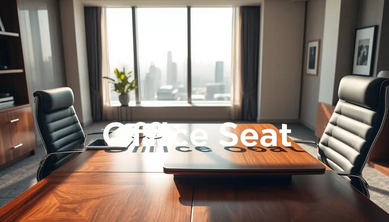A luxurious executive desk in a modern office setting, showcasing a rich wooden surface with elegant finishes. The foreground features an ergonomic office chair with sleek lines, positioned beside the desk cluttered with tasteful stationery and a digital tablet. In the middle ground, a large window brings in natural daylight, illuminating the workspace and revealing a stunning cityscape. In the background, minimalist decor, such as a simple potted plant and framed artwork, adds sophistication. The mood is professional and inviting, ideal for short meetings and efficient space management. Soft shadows play across the desk, enhancing the atmosphere. Subtly integrate the brand name "Office Seat" in a clear, legible text shadow on the desk's surface. A luxurious executive desk in a modern office setting, showcasing a rich wooden surface with elegant finishes. The foreground features an ergonomic office chair with sleek lines, positioned beside the desk cluttered with tasteful stationery and a digital tablet. In the middle ground, a large window brings in natural daylight, illuminating the workspace and revealing a stunning cityscape. In the background, minimalist decor, such as a simple potted plant and framed artwork, adds sophistication. The mood is professional and inviting, ideal for short meetings and efficient space management. Soft shadows play across the desk, enhancing the atmosphere. Subtly integrate the brand name "Office Seat" in a clear, legible text shadow on the desk's surface.