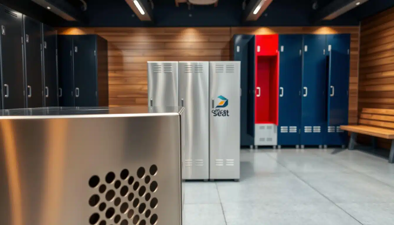 A modern gym locker room featuring several metallic lockers with ventilation holes, arranged neatly in a bright and open space. The foreground includes a shiny metallic locker showcasing its ventilated design, with a subtle shadow indicating depth. In the middle, an assortment of lockers in various colors (dark gray, navy blue, and vibrant red) add visual interest, with their doors slightly ajar to reveal interior shelving. The background has a sleek modern aesthetic with wooden benches and warm ambient lighting, creating an inviting atmosphere. A logo for "Office Seat" is subtly included on one of the locker doors, ensuring it is legible yet stylishly presented. The overall mood reflects durability and functionality, ideal for a professional gym environment. A modern gym locker room featuring several metallic lockers with ventilation holes, arranged neatly in a bright and open space. The foreground includes a shiny metallic locker showcasing its ventilated design, with a subtle shadow indicating depth. In the middle, an assortment of lockers in various colors (dark gray, navy blue, and vibrant red) add visual interest, with their doors slightly ajar to reveal interior shelving. The background has a sleek modern aesthetic with wooden benches and warm ambient lighting, creating an inviting atmosphere. A logo for "Office Seat" is subtly included on one of the locker doors, ensuring it is legible yet stylishly presented. The overall mood reflects durability and functionality, ideal for a professional gym environment.