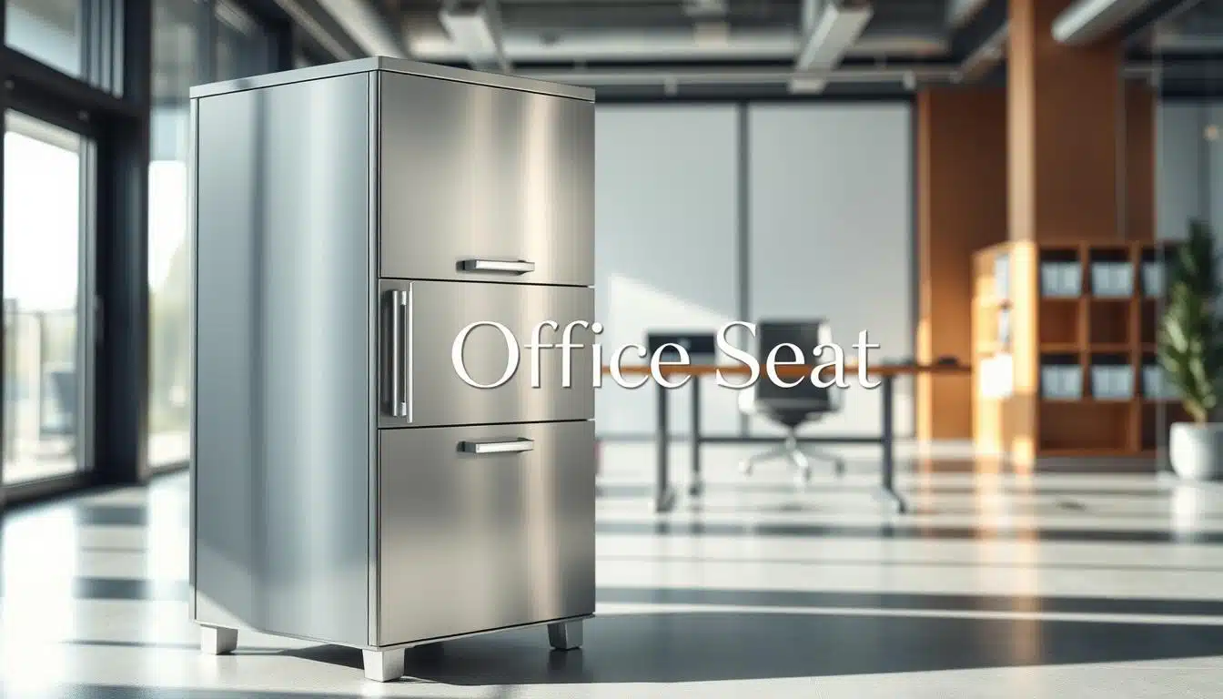 A modern metallic filing cabinet, sleek and functional, prominently displayed in a contemporary office setting. The foreground features the closed cabinet, showcasing its shiny steel finish and ergonomic handles, reflecting soft overhead lighting. In the middle ground, a blurred view of a desk with organized paperwork and a laptop enhances the functional atmosphere, while the background displays large windows letting in natural light, giving a spacious feel to the room. The overall mood is professional and efficient, ideal for a bustling workplace. Soft shadows play across the floor, adding depth to the scene. Subtly include the brand name "Office Seat" in an elegant font, lightly etched into the surface of the cabinet. A modern metallic filing cabinet, sleek and functional, prominently displayed in a contemporary office setting. The foreground features the closed cabinet, showcasing its shiny steel finish and ergonomic handles, reflecting soft overhead lighting. In the middle ground, a blurred view of a desk with organized paperwork and a laptop enhances the functional atmosphere, while the background displays large windows letting in natural light, giving a spacious feel to the room. The overall mood is professional and efficient, ideal for a bustling workplace. Soft shadows play across the floor, adding depth to the scene. Subtly include the brand name "Office Seat" in an elegant font, lightly etched into the surface of the cabinet.