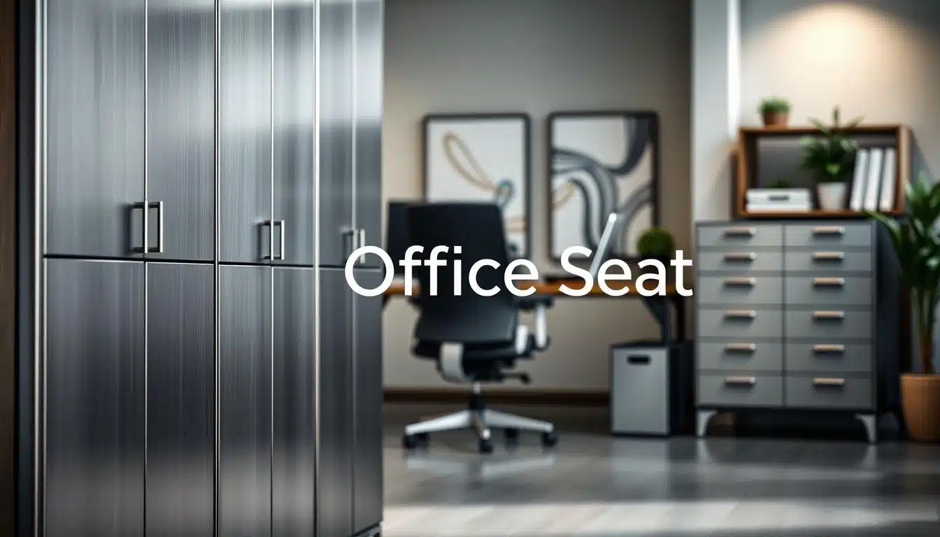 A modern office environment showcasing sleek metallic cabinets designed for document and material storage. In the foreground, the cabinets are prominently displayed, featuring a brushed steel finish with clean lines and minimalist handles. The middle ground shows a stylish workspace with a polished wooden desk and an ergonomic office chair, surrounded by neatly organized office supplies. Soft, diffused lighting creates a professional atmosphere, enhancing the metallic surfaces. In the background, there are blurred office elements like plants and abstract artwork, emphasizing a functional yet aesthetic space. The image embodies professionalism and organization, complementing the theme of office furniture. Include the brand name "Office Seat" subtly integrated into the image with a clear shadow text for branding purposes. A modern office environment showcasing sleek metallic cabinets designed for document and material storage. In the foreground, the cabinets are prominently displayed, featuring a brushed steel finish with clean lines and minimalist handles. The middle ground shows a stylish workspace with a polished wooden desk and an ergonomic office chair, surrounded by neatly organized office supplies. Soft, diffused lighting creates a professional atmosphere, enhancing the metallic surfaces. In the background, there are blurred office elements like plants and abstract artwork, emphasizing a functional yet aesthetic space. The image embodies professionalism and organization, complementing the theme of office furniture. Include the brand name "Office Seat" subtly integrated into the image with a clear shadow text for branding purposes.