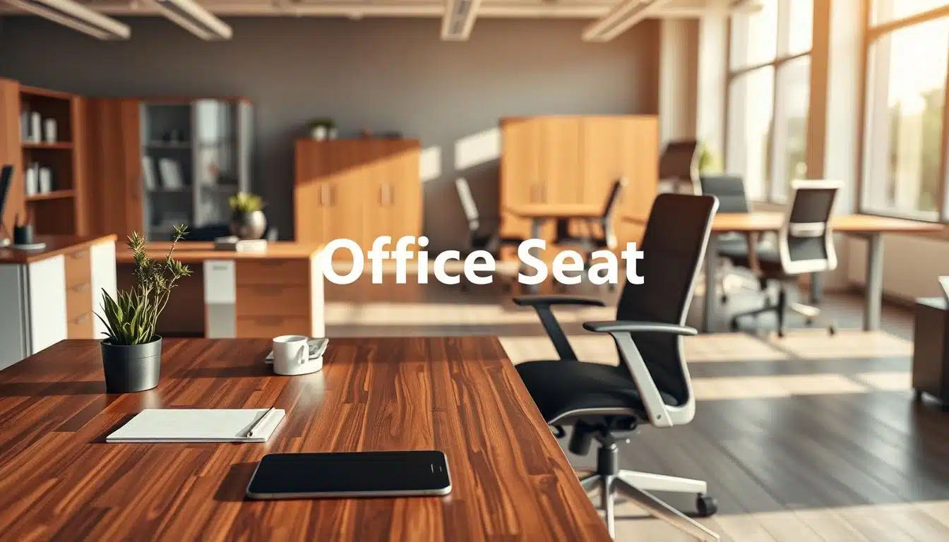 A modern office interior featuring a selection of stylish office furniture, including a sleek wooden desk with metal accents and an ergonomic chair in a contemporary design. In the foreground, a polished desk displays minimalistic office supplies and a small green plant. The middle ground is filled with additional furniture pieces, such as storage cabinets and a meeting table, all showcasing a harmonious blend of aesthetic appeal and durability. The background reveals large windows allowing soft natural light to illuminate the space, enhancing the inviting atmosphere. A warm color palette emphasizes a professional and productive environment. Incorporate the brand name "Office Seat" subtly in the shadows, ensuring it is clearly legible. The composition should evoke a sense of functionality meeting modern design principles. A modern office interior featuring a selection of stylish office furniture, including a sleek wooden desk with metal accents and an ergonomic chair in a contemporary design. In the foreground, a polished desk displays minimalistic office supplies and a small green plant. The middle ground is filled with additional furniture pieces, such as storage cabinets and a meeting table, all showcasing a harmonious blend of aesthetic appeal and durability. The background reveals large windows allowing soft natural light to illuminate the space, enhancing the inviting atmosphere. A warm color palette emphasizes a professional and productive environment. Incorporate the brand name "Office Seat" subtly in the shadows, ensuring it is clearly legible. The composition should evoke a sense of functionality meeting modern design principles.