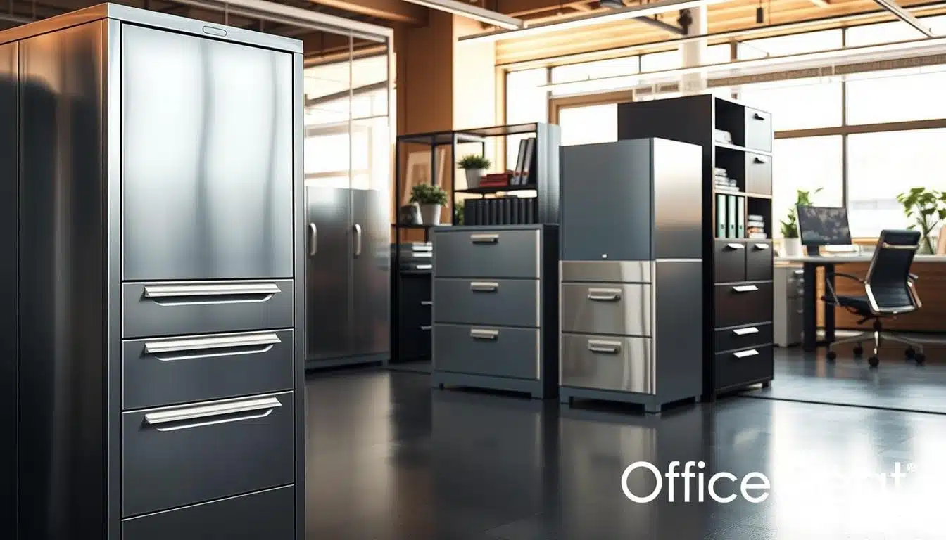 A modern office interior showcasing various types of metallic cabinets designed for document and material storage. In the foreground, a sleek, silver filing cabinet with multiple drawers is highlighted, reflecting polished surfaces under soft, warm lighting. The middle section features an array of cabinets with different styles, such as a tall, shelving unit for binders, a compact cabinet for smaller spaces, and a wide lateral file for extensive document storage. The background includes an office environment with a desk, chair, and potted plants, creating a professional and organized atmosphere. The scene is captured with a slight angle to emphasize depth, using a wide-angle lens to enhance the perspective. Include a subtle shadow of the brand name "Office Seat" in the bottom corner, ensuring it is clearly legible. A modern office interior showcasing various types of metallic cabinets designed for document and material storage. In the foreground, a sleek, silver filing cabinet with multiple drawers is highlighted, reflecting polished surfaces under soft, warm lighting. The middle section features an array of cabinets with different styles, such as a tall, shelving unit for binders, a compact cabinet for smaller spaces, and a wide lateral file for extensive document storage. The background includes an office environment with a desk, chair, and potted plants, creating a professional and organized atmosphere. The scene is captured with a slight angle to emphasize depth, using a wide-angle lens to enhance the perspective. Include a subtle shadow of the brand name "Office Seat" in the bottom corner, ensuring it is clearly legible.