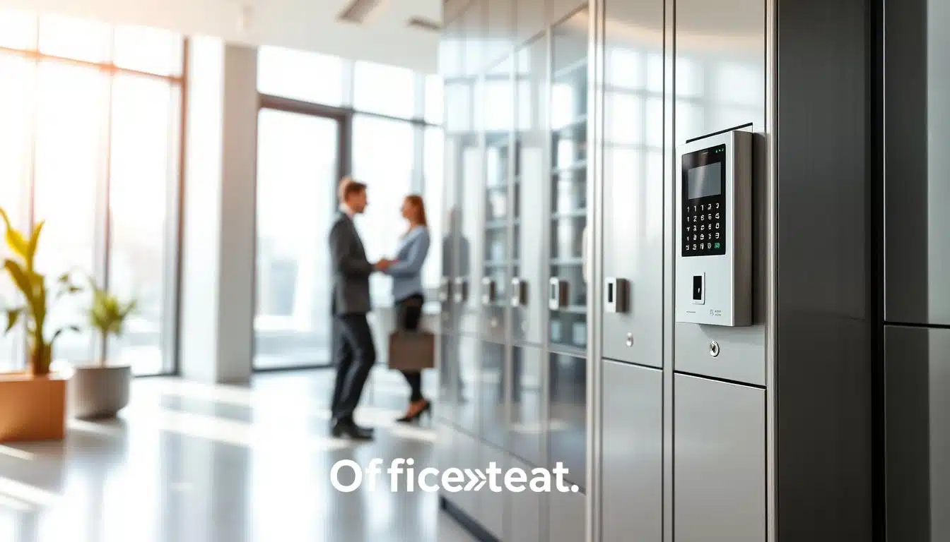 A modern office scene featuring a sleek metallic locker system designed for employees, showcasing advanced access control mechanisms. In the foreground, focus on a stylish metallic locker equipped with a digital keypad and biometric scanner, emphasizing security features. In the middle ground, include a professional employee in business attire interacting with the locker, demonstrating its functionality. The background should have a contemporary office environment with soft, natural lighting filtering through large windows, creating an inviting atmosphere. Use a wide-angle lens to capture the depth of the scene, ensuring clarity and detail in each element. Subtly incorporate the brand name "Office Seat" in shadow text at the bottom of the image, ensuring it’s legible yet unobtrusive. A modern office scene featuring a sleek metallic locker system designed for employees, showcasing advanced access control mechanisms. In the foreground, focus on a stylish metallic locker equipped with a digital keypad and biometric scanner, emphasizing security features. In the middle ground, include a professional employee in business attire interacting with the locker, demonstrating its functionality. The background should have a contemporary office environment with soft, natural lighting filtering through large windows, creating an inviting atmosphere. Use a wide-angle lens to capture the depth of the scene, ensuring clarity and detail in each element. Subtly incorporate the brand name "Office Seat" in shadow text at the bottom of the image, ensuring it’s legible yet unobtrusive.