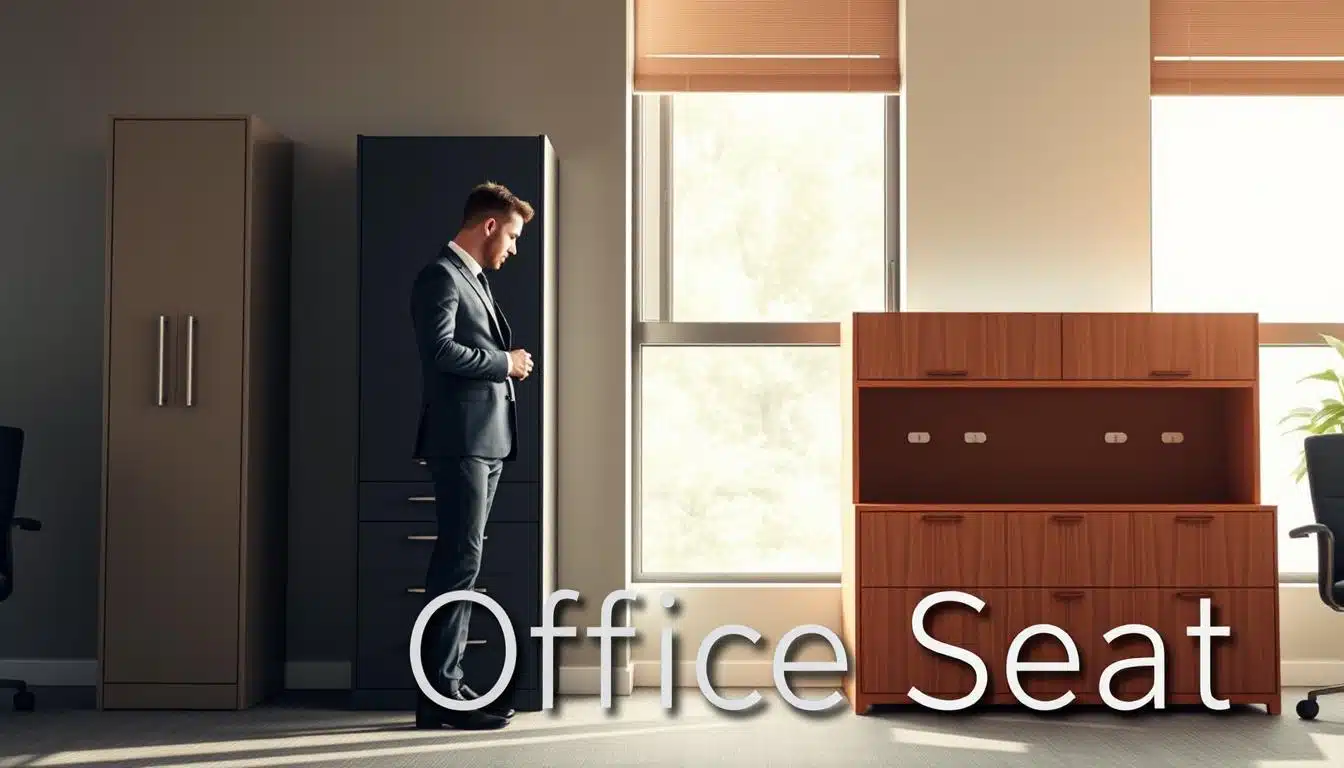 A modern office scene featuring a vertical filing cabinet on one side and a horizontal filing cabinet on the other, showcasing their differences. The vertical cabinet is tall and slim, with sleek lines and a contemporary finish, while the horizontal cabinet is wider, emphasizing accessibility. In the foreground, a professional in smart business attire examines the vertical cabinet, considering its space-saving advantages. Soft, natural light filters through a window in the background, creating a warm and inviting atmosphere. The image captures the contrast between the two storage solutions, highlighting space efficiency and usability. Subtle branding with the name "Office Seat" appears in shadow text, ensuring clarity and visibility without overpowering the scene. A modern office scene featuring a vertical filing cabinet on one side and a horizontal filing cabinet on the other, showcasing their differences. The vertical cabinet is tall and slim, with sleek lines and a contemporary finish, while the horizontal cabinet is wider, emphasizing accessibility. In the foreground, a professional in smart business attire examines the vertical cabinet, considering its space-saving advantages. Soft, natural light filters through a window in the background, creating a warm and inviting atmosphere. The image captures the contrast between the two storage solutions, highlighting space efficiency and usability. Subtle branding with the name "Office Seat" appears in shadow text, ensuring clarity and visibility without overpowering the scene.