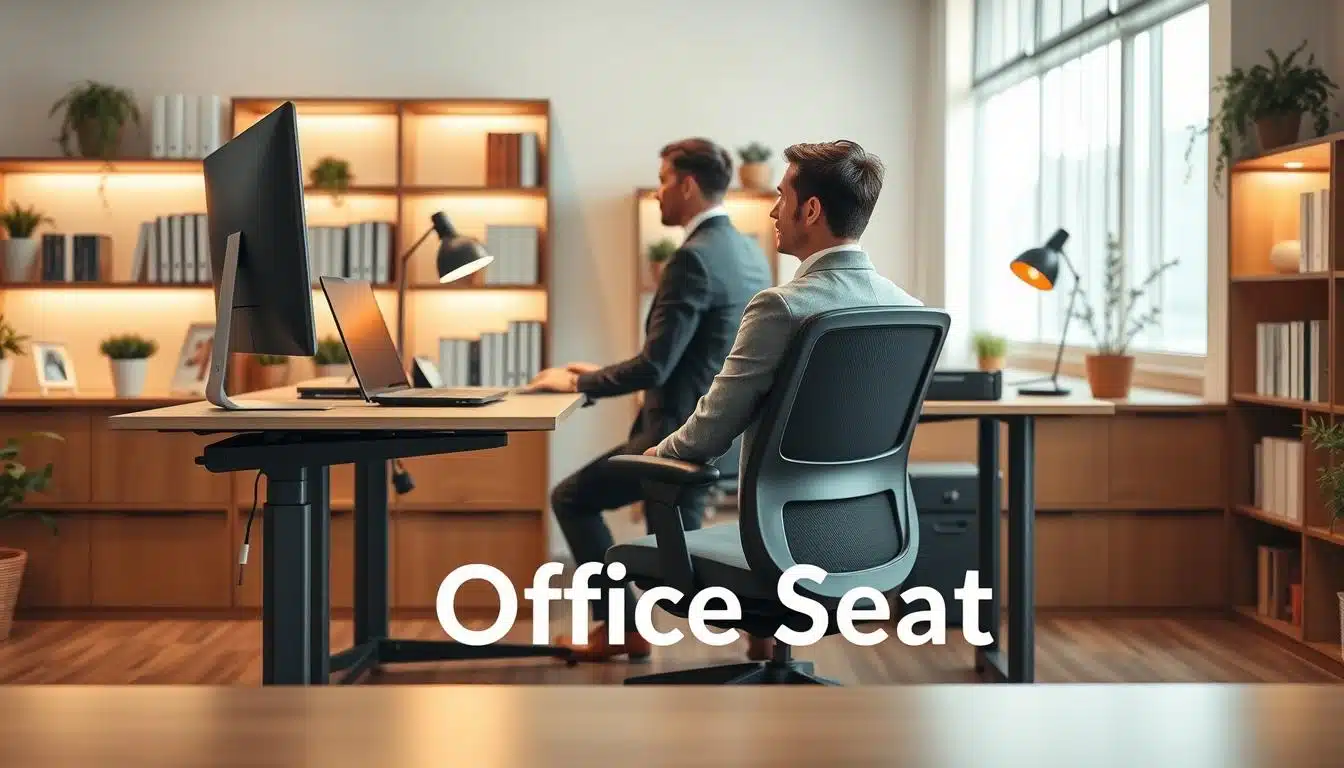 A modern office scene showcasing an ergonomic desk designed for optimal health and comfort. In the foreground, the desk features a sleek design with adjustable height capabilities, a comfortable office chair, and well-organized workspace accessories like a laptop, ergonomic keyboard, and task lamp. In the middle of the image, a professional business-person, dressed in smart attire, is seated at the desk, demonstrating proper posture while working. The background includes soft-lit shelves filled with books and greenery to create a calm atmosphere. The lighting is warm and inviting, with soft, diffused daylight coming through a nearby window. Incorporate a subtle shadow of text branding that reads "Office Seat" in a clear, legible design. A modern office scene showcasing an ergonomic desk designed for optimal health and comfort. In the foreground, the desk features a sleek design with adjustable height capabilities, a comfortable office chair, and well-organized workspace accessories like a laptop, ergonomic keyboard, and task lamp. In the middle of the image, a professional business-person, dressed in smart attire, is seated at the desk, demonstrating proper posture while working. The background includes soft-lit shelves filled with books and greenery to create a calm atmosphere. The lighting is warm and inviting, with soft, diffused daylight coming through a nearby window. Incorporate a subtle shadow of text branding that reads "Office Seat" in a clear, legible design.