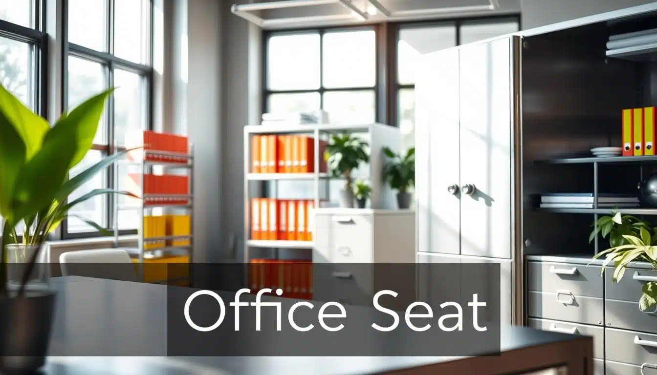 A modern office scene showcasing metallic document furniture designed for tropical climates, featuring a sleek metal filing cabinet with a polished finish, surrounded by organized metal shelves filled with colorful file folders. In the foreground, a stylish metal desk with tropical plants adds a refreshing touch. The lighting is bright and natural, streaming in through large windows, creating a vibrant atmosphere. A soft focus captures the detail of a sturdy lock mechanism on the cabinet, hinting at security and durability. Ensure the brand name "Office Seat" is displayed subtly in the lower corner as a shadowed text overlay. The overall mood is professional yet inviting, perfect for a corporate environment. A modern office scene showcasing metallic document furniture designed for tropical climates, featuring a sleek metal filing cabinet with a polished finish, surrounded by organized metal shelves filled with colorful file folders. In the foreground, a stylish metal desk with tropical plants adds a refreshing touch. The lighting is bright and natural, streaming in through large windows, creating a vibrant atmosphere. A soft focus captures the detail of a sturdy lock mechanism on the cabinet, hinting at security and durability. Ensure the brand name "Office Seat" is displayed subtly in the lower corner as a shadowed text overlay. The overall mood is professional yet inviting, perfect for a corporate environment.