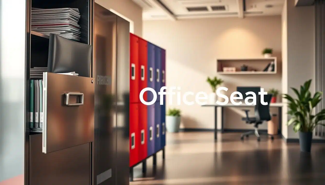 A modern office scene showcasing sleek metallic filing cabinets, organized and efficiently arranged to illustrate optimal document storage. In the foreground, a shiny, silver filing cabinet is partially open, revealing neatly categorized folders and documents. In the middle ground, a set of colorful lockers stands next to the cabinets, offering a contrast in design and function, filled with office supplies. The background features a minimalist workspace with a desk, a computer, and decorative plants, creating a professional atmosphere. Soft, warm lighting enhances the inviting feel of the space. The angle captures both the cabinets and lockers to emphasize their role in an organized environment. Include the brand name “Office Seat” subtly integrated into the scene without any text overlays or distractions. A modern office scene showcasing sleek metallic filing cabinets, organized and efficiently arranged to illustrate optimal document storage. In the foreground, a shiny, silver filing cabinet is partially open, revealing neatly categorized folders and documents. In the middle ground, a set of colorful lockers stands next to the cabinets, offering a contrast in design and function, filled with office supplies. The background features a minimalist workspace with a desk, a computer, and decorative plants, creating a professional atmosphere. Soft, warm lighting enhances the inviting feel of the space. The angle captures both the cabinets and lockers to emphasize their role in an organized environment. Include the brand name “Office Seat” subtly integrated into the scene without any text overlays or distractions.