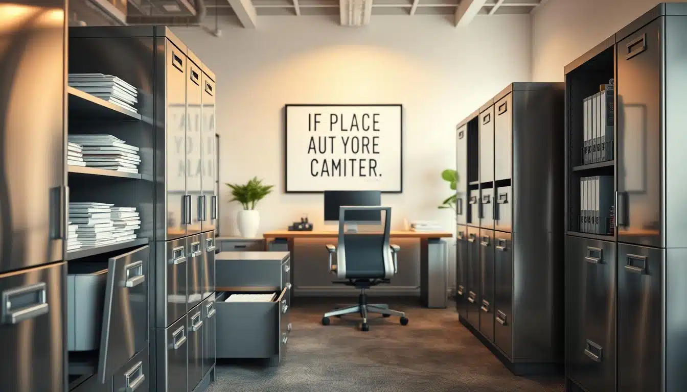A modern office space featuring metallic storage furniture such as sleek filing cabinets and storage units, thoughtfully arranged to showcase organization and productivity. In the foreground, gleaming metal cabinets with open drawers displaying neatly arranged documents and office supplies, emphasizing functionality. The middle ground should include a stylish wooden desk with ergonomic office chairs, complemented by bright ambient lighting that creates a warm and inviting atmosphere. The background features a contemporary office wall adorned with motivational art, reflecting professionalism. Capture this scene with a wide-angle lens to emphasize depth, using soft, natural lighting to convey a sense of clarity and order. Include a discreet, well-integrated watermark of "Office Seat" subtly placed in the image. A modern office space featuring metallic storage furniture such as sleek filing cabinets and storage units, thoughtfully arranged to showcase organization and productivity. In the foreground, gleaming metal cabinets with open drawers displaying neatly arranged documents and office supplies, emphasizing functionality. The middle ground should include a stylish wooden desk with ergonomic office chairs, complemented by bright ambient lighting that creates a warm and inviting atmosphere. The background features a contemporary office wall adorned with motivational art, reflecting professionalism. Capture this scene with a wide-angle lens to emphasize depth, using soft, natural lighting to convey a sense of clarity and order. Include a discreet, well-integrated watermark of "Office Seat" subtly placed in the image.