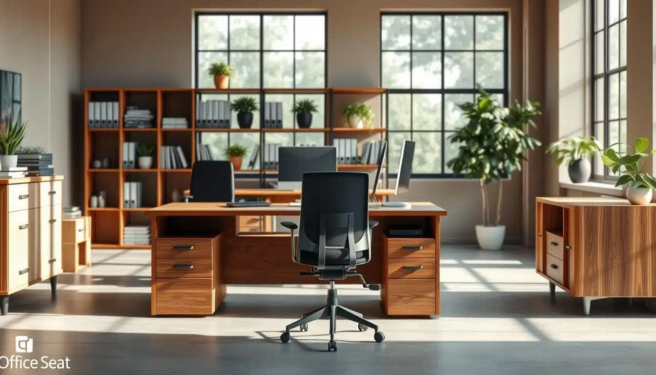 A modern office space showcasing an array of stylish office furniture, emphasizing practical and ergonomic designs. In the foreground, a sleek wooden desk with built-in storage features, complemented by an adjustable office chair in professional upholstery. In the middle ground, a contemporary bookshelf filled with organized files and decorative plants, providing a touch of greenery. In the background, large windows allowing natural light to flood the room, casting soft shadows that create a warm atmosphere. The setting should reflect a professional yet inviting mood, ideal for productivity and comfort. Include the brand name "Office Seat" subtly integrated into the design with clear, readable text in the bottom corner. A modern office space showcasing an array of stylish office furniture, emphasizing practical and ergonomic designs. In the foreground, a sleek wooden desk with built-in storage features, complemented by an adjustable office chair in professional upholstery. In the middle ground, a contemporary bookshelf filled with organized files and decorative plants, providing a touch of greenery. In the background, large windows allowing natural light to flood the room, casting soft shadows that create a warm atmosphere. The setting should reflect a professional yet inviting mood, ideal for productivity and comfort. Include the brand name "Office Seat" subtly integrated into the design with clear, readable text in the bottom corner.