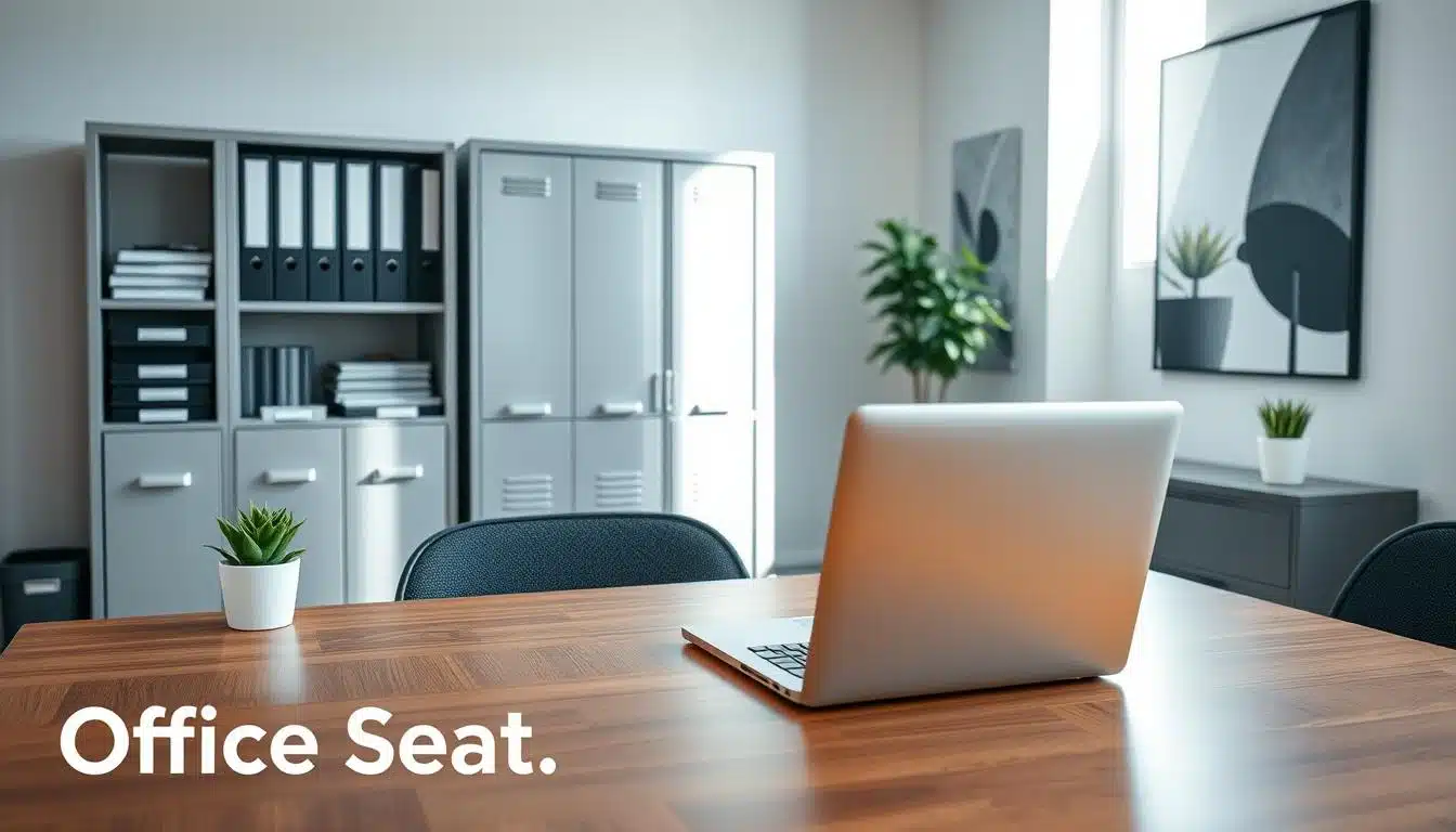 A modern office storage setup featuring a sleek metal filing cabinet, organized with neatly labeled folders and office supplies. In the foreground, a polished wooden desk with a minimalist design holds a laptop and a small potted plant, adding a touch of greenery. The middle ground showcases the metallic armario, elegantly illuminated by soft, natural light streaming through a window, creating a welcoming atmosphere. In the background, light-colored walls are adorned with abstract art, enhancing the office space’s professionalism. The entire scene should convey a sense of order and efficiency, ideal for a workspace. Include a subtle shadow of the brand name "Office Seat" in the bottom corner, ensuring it's well legible and does not detract from the main image. A modern office storage setup featuring a sleek metal filing cabinet, organized with neatly labeled folders and office supplies. In the foreground, a polished wooden desk with a minimalist design holds a laptop and a small potted plant, adding a touch of greenery. The middle ground showcases the metallic armario, elegantly illuminated by soft, natural light streaming through a window, creating a welcoming atmosphere. In the background, light-colored walls are adorned with abstract art, enhancing the office space’s professionalism. The entire scene should convey a sense of order and efficiency, ideal for a workspace. Include a subtle shadow of the brand name "Office Seat" in the bottom corner, ensuring it's well legible and does not detract from the main image.