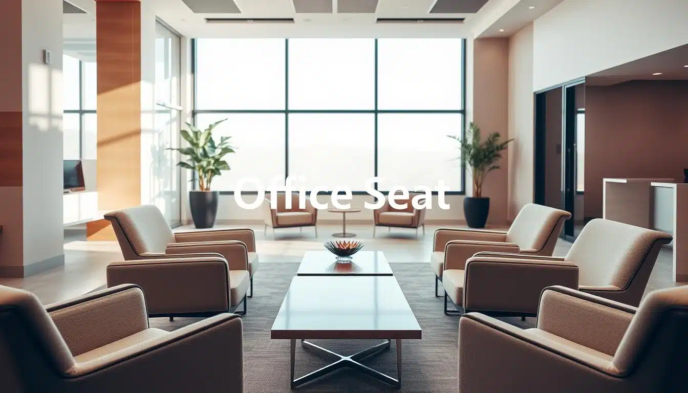 A modern reception area featuring comfortable waiting room chairs, elegantly arranged to optimize space. In the foreground, stylish ergonomic chairs with sleek lines and soft neutral upholstery invite guests to sit. The middle ground showcases a spacious layout with a polished wooden coffee table, adding warmth to the environment. The background includes a large window with soft natural light streaming in, casting gentle shadows across the room. A minimalistic plant adds a touch of greenery, enhancing the calm atmosphere. Use a warm color palette to promote relaxation and professionalism. The image should clearly showcase the brand “Office Seat” in an unobtrusive manner, blending subtly with the overall design. Capture the scene from a slight angle that highlights the arrangement and flow of space, using soft focus for a welcoming feel. A modern reception area featuring comfortable waiting room chairs, elegantly arranged to optimize space. In the foreground, stylish ergonomic chairs with sleek lines and soft neutral upholstery invite guests to sit. The middle ground showcases a spacious layout with a polished wooden coffee table, adding warmth to the environment. The background includes a large window with soft natural light streaming in, casting gentle shadows across the room. A minimalistic plant adds a touch of greenery, enhancing the calm atmosphere. Use a warm color palette to promote relaxation and professionalism. The image should clearly showcase the brand “Office Seat” in an unobtrusive manner, blending subtly with the overall design. Capture the scene from a slight angle that highlights the arrangement and flow of space, using soft focus for a welcoming feel.