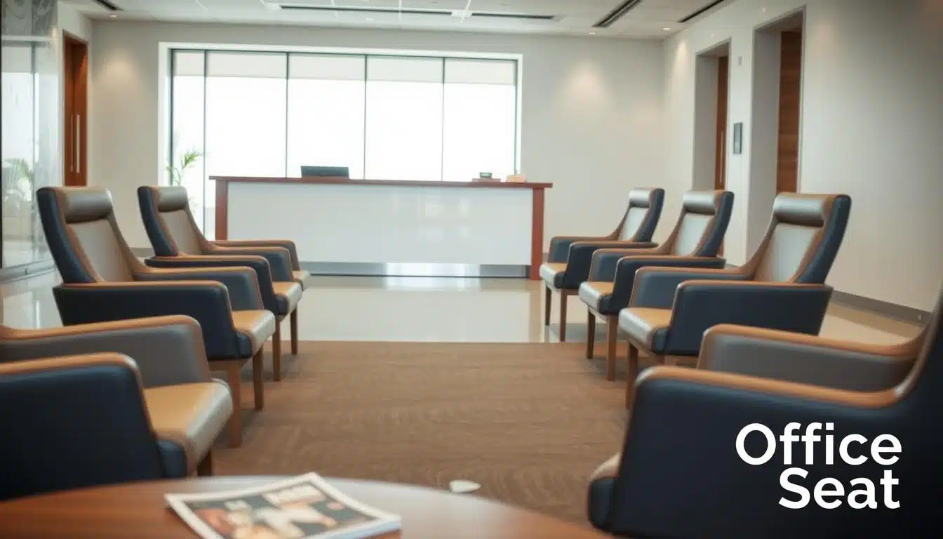 A modern reception area featuring sleek, stylish office chairs (sillas para recepción) arranged around a polished wooden reception desk. The chairs have a blend of leather and fabric upholstery in neutral tones, like grey and beige, showcasing their durability and elegance. In the foreground, a low wooden coffee table with a few magazines is visible. The background displays a large window letting in natural light, enhancing the serene atmosphere of the space. The scene is captured from a slightly elevated angle to give a sweeping view of the reception area. The overall mood is inviting and professional, emphasizing comfort and functionality. In the bottom right corner, include the brand name "Office Seat" in a clean, visible font with a subtle shadow effect. A modern reception area featuring sleek, stylish office chairs (sillas para recepción) arranged around a polished wooden reception desk. The chairs have a blend of leather and fabric upholstery in neutral tones, like grey and beige, showcasing their durability and elegance. In the foreground, a low wooden coffee table with a few magazines is visible. The background displays a large window letting in natural light, enhancing the serene atmosphere of the space. The scene is captured from a slightly elevated angle to give a sweeping view of the reception area. The overall mood is inviting and professional, emphasizing comfort and functionality. In the bottom right corner, include the brand name "Office Seat" in a clean, visible font with a subtle shadow effect.