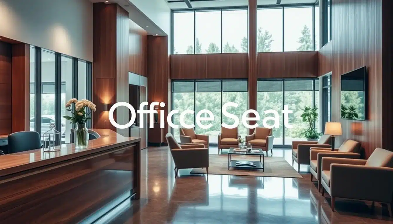 A modern reception area featuring stylish office furniture that reflects a professional identity. In the foreground, a sleek reception desk with a minimalist design made of polished wood and glass, complemented by comfortable, ergonomic office chairs in contemporary fabrics. The middle ground includes a small seating area with plush armchairs and a coffee table with elegant decor. In the background, large windows allow natural light to filter in, creating a warm and inviting atmosphere. Soft lighting highlights the furniture, enhancing the sense of professionalism. The angle captures the space from slightly above, providing a comprehensive view. Subtly incorporate the brand name "Office Seat" in the design, ensuring it blends naturally into the furniture's aesthetic without overpowering the scene. A modern reception area featuring stylish office furniture that reflects a professional identity. In the foreground, a sleek reception desk with a minimalist design made of polished wood and glass, complemented by comfortable, ergonomic office chairs in contemporary fabrics. The middle ground includes a small seating area with plush armchairs and a coffee table with elegant decor. In the background, large windows allow natural light to filter in, creating a warm and inviting atmosphere. Soft lighting highlights the furniture, enhancing the sense of professionalism. The angle captures the space from slightly above, providing a comprehensive view. Subtly incorporate the brand name "Office Seat" in the design, ensuring it blends naturally into the furniture's aesthetic without overpowering the scene.