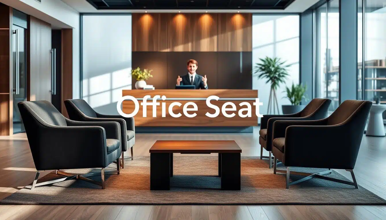 A modern reception area showcasing stylish office reception chairs, elegantly arranged to welcome guests. In the foreground, sleek, ergonomic chairs upholstered in rich, dark fabric are highlighted, invitingly placed around a small contemporary coffee table with a minimalist design. The middle ground features a reception desk made of polished wood with a friendly receptionist in professional attire, attentively greeting visitors. In the background, large windows let in soft, natural light, illuminating the room and casting gentle shadows. The atmosphere feels welcoming and professional, conveying a strong brand identity. Subtly included in the design is the brand name "Office Seat," artistically integrated into the shadows for legibility. The scene is captured with a soft focus lens, enhancing the inviting ambiance while maintaining clarity on the chairs. A modern reception area showcasing stylish office reception chairs, elegantly arranged to welcome guests. In the foreground, sleek, ergonomic chairs upholstered in rich, dark fabric are highlighted, invitingly placed around a small contemporary coffee table with a minimalist design. The middle ground features a reception desk made of polished wood with a friendly receptionist in professional attire, attentively greeting visitors. In the background, large windows let in soft, natural light, illuminating the room and casting gentle shadows. The atmosphere feels welcoming and professional, conveying a strong brand identity. Subtly included in the design is the brand name "Office Seat," artistically integrated into the shadows for legibility. The scene is captured with a soft focus lens, enhancing the inviting ambiance while maintaining clarity on the chairs.