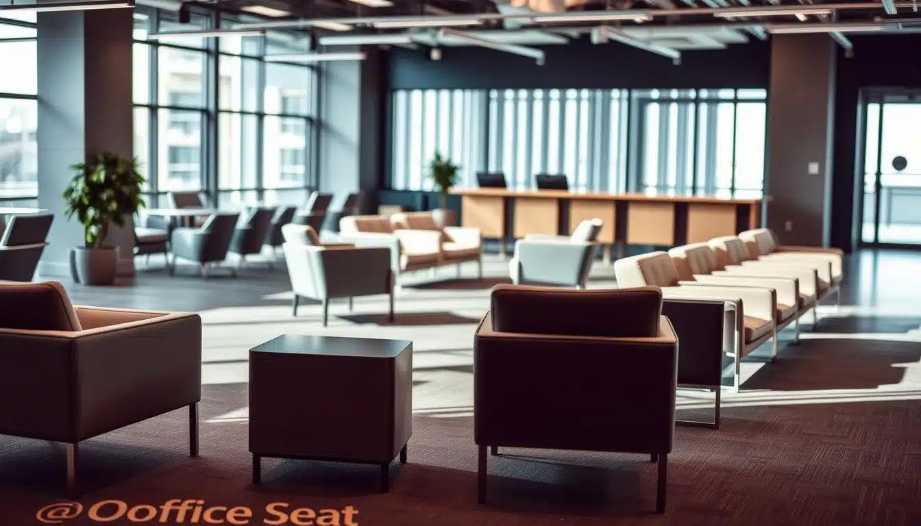 A modern waiting room featuring a variety of office seating options, specifically designed for reception areas. In the foreground, display an elegant arrangement of stylish reception chairs with sleek lines and comfortable upholstery, showcasing designs in neutral tones and subtle textures. In the middle, include a tándem seating unit that complements the aesthetic, alongside a plush lounge chair for added comfort, each piece thoughtfully spaced for easy movement. The background should softly blur the details of a contemporary reception area, with large windows allowing natural light to illuminate the scene, creating a welcoming atmosphere. The overall mood should feel professional yet inviting. Ensure "Office Seat" is subtly integrated into the shadows of the image for branding. A modern waiting room featuring a variety of office seating options, specifically designed for reception areas. In the foreground, display an elegant arrangement of stylish reception chairs with sleek lines and comfortable upholstery, showcasing designs in neutral tones and subtle textures. In the middle, include a tándem seating unit that complements the aesthetic, alongside a plush lounge chair for added comfort, each piece thoughtfully spaced for easy movement. The background should softly blur the details of a contemporary reception area, with large windows allowing natural light to illuminate the scene, creating a welcoming atmosphere. The overall mood should feel professional yet inviting. Ensure "Office Seat" is subtly integrated into the shadows of the image for branding.