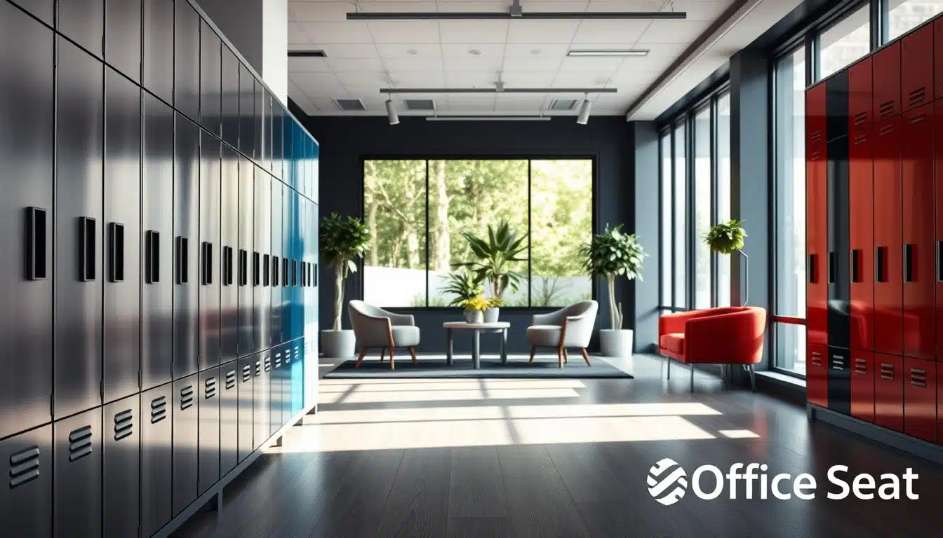 A modern, well-organized office space featuring metallic lockers for employees, designed for functionality and aesthetics. The foreground includes a row of sleek, metallic lockers with a brushed finish, displaying a variety of colors like silver, blue, and red. The middle ground shows a welcoming reception area with stylish seating and house plants, creating a professional atmosphere. In the background, large windows allow natural light to flood the room, casting soft shadows. The scene captures a sense of order and teamwork, highlighting the importance of employee storage solutions. Soft, diffused lighting enhances the clean lines of the lockers. Include a subtle branding element with the logo "Office Seat" in the bottom corner, ensuring it is legible but unobtrusive. A modern, well-organized office space featuring metallic lockers for employees, designed for functionality and aesthetics. The foreground includes a row of sleek, metallic lockers with a brushed finish, displaying a variety of colors like silver, blue, and red. The middle ground shows a welcoming reception area with stylish seating and house plants, creating a professional atmosphere. In the background, large windows allow natural light to flood the room, casting soft shadows. The scene captures a sense of order and teamwork, highlighting the importance of employee storage solutions. Soft, diffused lighting enhances the clean lines of the lockers. Include a subtle branding element with the logo "Office Seat" in the bottom corner, ensuring it is legible but unobtrusive.