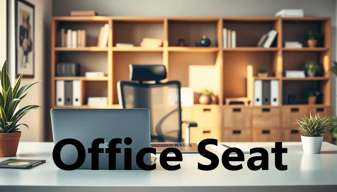 A professional office desk setup is depicted in a well-lit and organized workspace. The foreground features a sleek, modern desk with dimensions appropriate for a standard office, accessorized with a laptop, stationery, and a desktop plant for a touch of greenery. In the middle ground, an ergonomic office chair complements the desk, emphasizing comfort and functionality. The background showcases soft-focus shelves with books and decorative items, enhancing the professional atmosphere. The lighting is bright but warm, simulating daylight streaming through a window, creating a welcoming ambiance. The image should subtly incorporate the brand name "Office Seat" in shadow text, ensuring it is legible while maintaining focus on the desk layout. A professional office desk setup is depicted in a well-lit and organized workspace. The foreground features a sleek, modern desk with dimensions appropriate for a standard office, accessorized with a laptop, stationery, and a desktop plant for a touch of greenery. In the middle ground, an ergonomic office chair complements the desk, emphasizing comfort and functionality. The background showcases soft-focus shelves with books and decorative items, enhancing the professional atmosphere. The lighting is bright but warm, simulating daylight streaming through a window, creating a welcoming ambiance. The image should subtly incorporate the brand name "Office Seat" in shadow text, ensuring it is legible while maintaining focus on the desk layout.