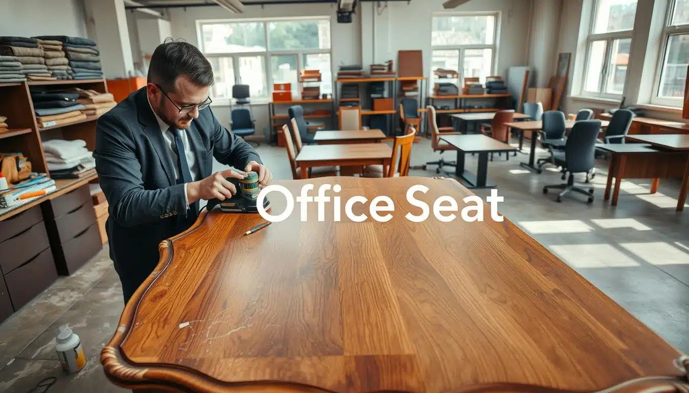 A professional office furniture repair workshop scene, showcasing a skilled technician in business attire carefully repairing a wooden desk. The foreground features the technician diligently sanding an ornate desk with visible scratches, tools scattered around including a sander, wood glue, and varnish. In the middle, shelves lined with upholstery fabrics and various office furniture pieces waiting for repair, such as chairs and tables. The background reveals a well-lit workshop with large windows, casting natural light that highlights the wood grain of the desk. The atmosphere is focused and industrious, emphasizing craftsmanship. The brand name "Office Seat" is subtly integrated into the image as a shadow text, ensuring clear visibility without distraction. A professional office furniture repair workshop scene, showcasing a skilled technician in business attire carefully repairing a wooden desk. The foreground features the technician diligently sanding an ornate desk with visible scratches, tools scattered around including a sander, wood glue, and varnish. In the middle, shelves lined with upholstery fabrics and various office furniture pieces waiting for repair, such as chairs and tables. The background reveals a well-lit workshop with large windows, casting natural light that highlights the wood grain of the desk. The atmosphere is focused and industrious, emphasizing craftsmanship. The brand name "Office Seat" is subtly integrated into the image as a shadow text, ensuring clear visibility without distraction.