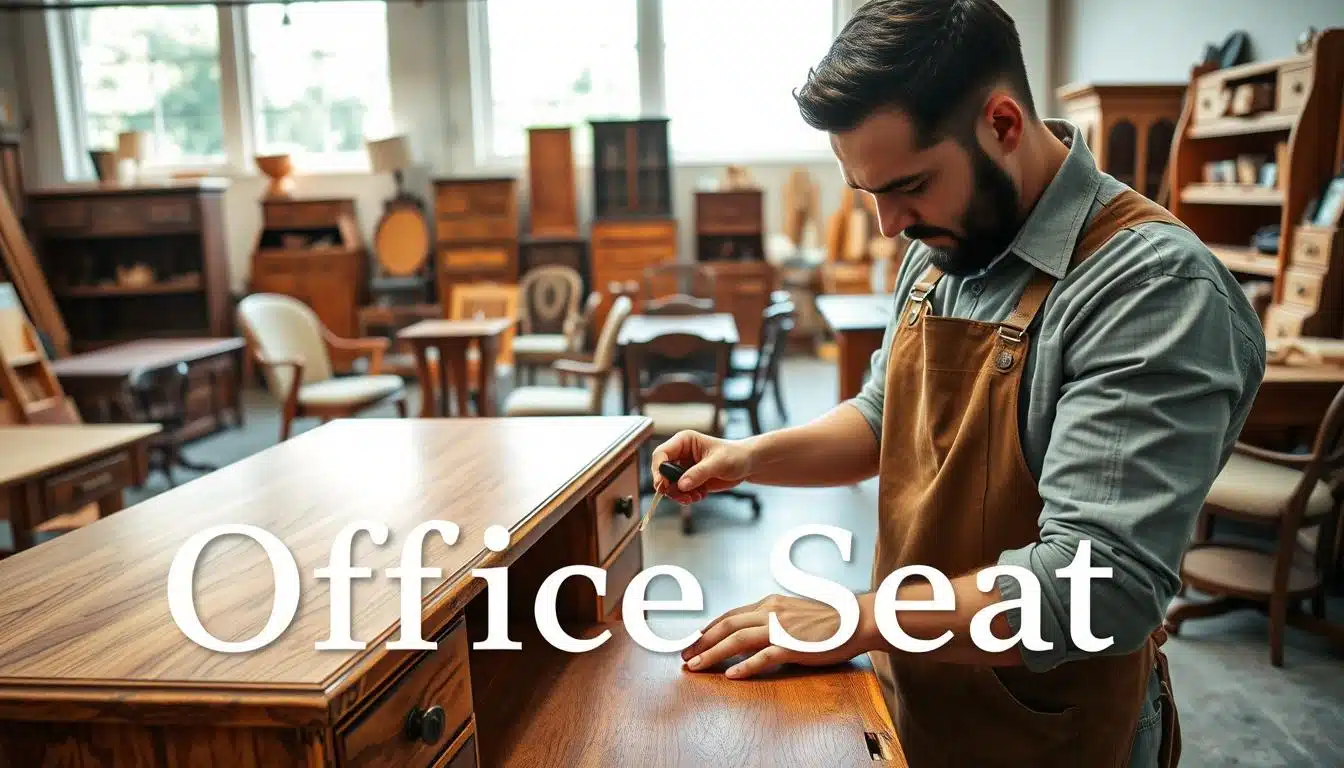 A professional workspace featuring the intricate restoration of office furniture. In the foreground, a skilled artisan, dressed in a neat work shirt and apron, carefully repairs a wooden desk with a tool in hand, showcasing the detailed craftsmanship. In the middle ground, various pieces of antique office furniture like chairs and cabinets are arranged, some in the process of being restored with new finishes and upholstery. The background reveals a bright, airy workshop filled with natural light filtering through large windows, highlighting the beauty of reclaimed wood and vintage design. The atmosphere is one of creativity and professionalism. Include the brand name “Office Seat” subtly in the image’s shadow for branding. A professional workspace featuring the intricate restoration of office furniture. In the foreground, a skilled artisan, dressed in a neat work shirt and apron, carefully repairs a wooden desk with a tool in hand, showcasing the detailed craftsmanship. In the middle ground, various pieces of antique office furniture like chairs and cabinets are arranged, some in the process of being restored with new finishes and upholstery. The background reveals a bright, airy workshop filled with natural light filtering through large windows, highlighting the beauty of reclaimed wood and vintage design. The atmosphere is one of creativity and professionalism. Include the brand name “Office Seat” subtly in the image’s shadow for branding.