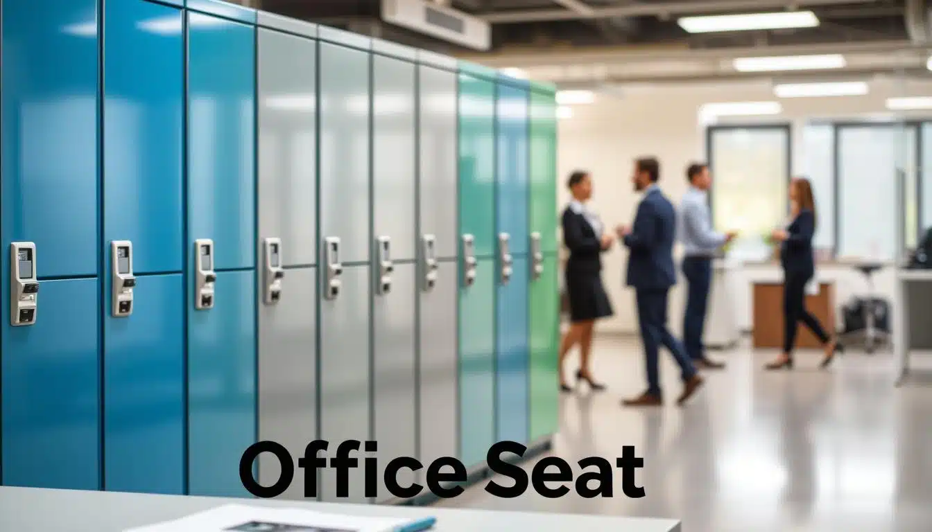 A row of sleek, metallic employee lockers in a modern office space, showcasing a variety of vibrant colors such as blue, green, and silver. The lockers are designed with minimalistic aesthetics, featuring smooth surfaces and secure locking mechanisms. In the foreground, a well-organized workspace with neatly arranged office supplies. The middle ground includes the lockers prominently displayed, reflecting soft overhead lighting, creating a warm and inviting atmosphere. In the background, blurred outlines of employees in professional attire interacting and collaborating, adding a dynamic yet subtle hint of a busy office environment. A shadowed text overlay of the brand name "Office Seat" is seamlessly integrated into the image for brand recognition. A row of sleek, metallic employee lockers in a modern office space, showcasing a variety of vibrant colors such as blue, green, and silver. The lockers are designed with minimalistic aesthetics, featuring smooth surfaces and secure locking mechanisms. In the foreground, a well-organized workspace with neatly arranged office supplies. The middle ground includes the lockers prominently displayed, reflecting soft overhead lighting, creating a warm and inviting atmosphere. In the background, blurred outlines of employees in professional attire interacting and collaborating, adding a dynamic yet subtle hint of a busy office environment. A shadowed text overlay of the brand name "Office Seat" is seamlessly integrated into the image for brand recognition.