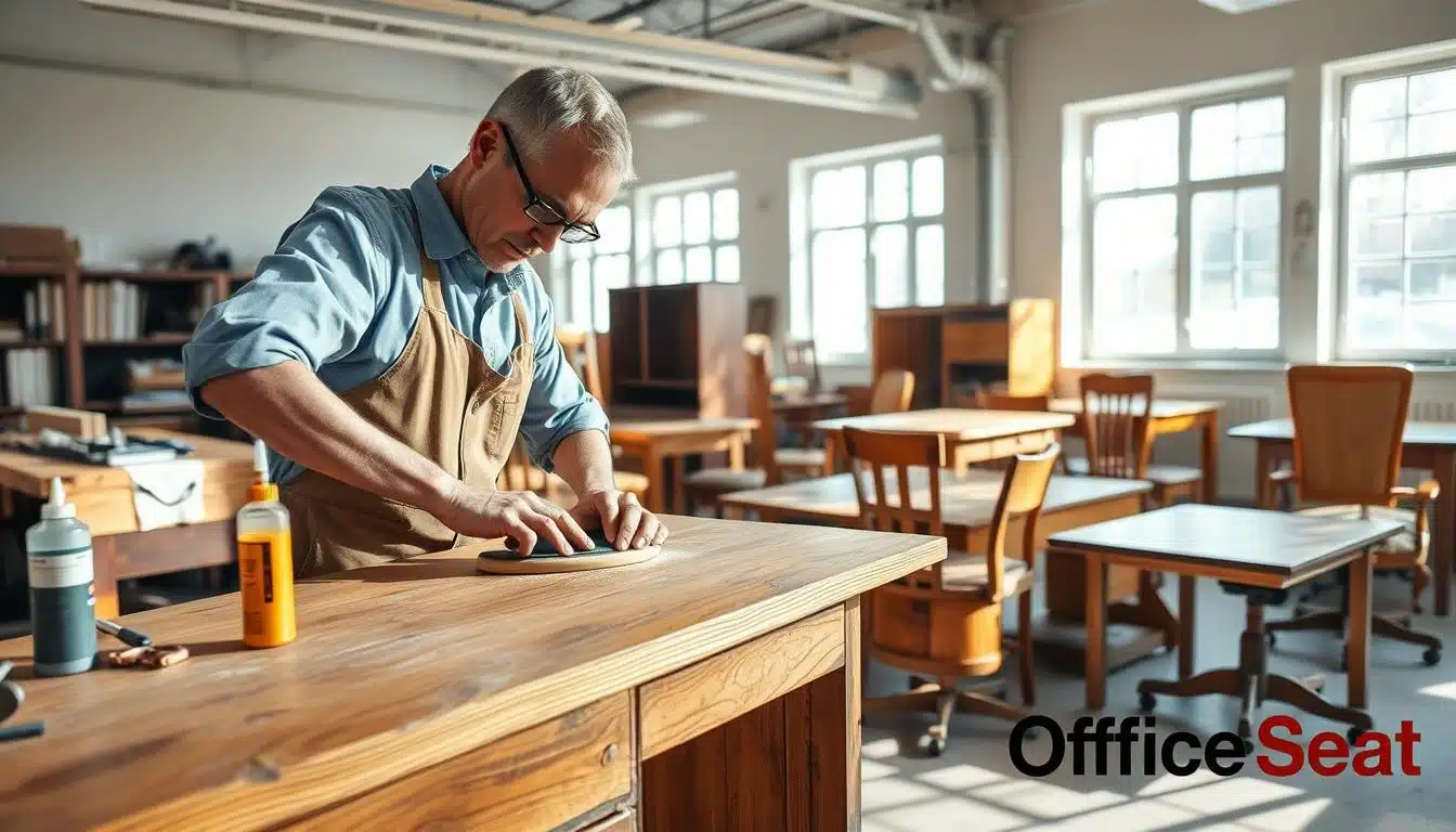 A skilled craftsman repairing office furniture in a bright workshop. In the foreground, the artisan, dressed in professional attire, is meticulously sanding a wooden desk, highlighting its intricate details. The middle ground features various office furniture pieces, such as chairs and tables, showing wear and tear but also potential for restoration. Tools and materials, like wood glue and varnish, are neatly organized on a workbench. In the background, large windows let in natural light, creating a warm and inviting atmosphere. Soft shadows cast by the furniture add depth. A subtle watermark with the brand name "Office Seat" is present, ensuring visibility without distraction. The scene conveys a sense of craftsmanship, care, and the value of restoration over replacement. A skilled craftsman repairing office furniture in a bright workshop. In the foreground, the artisan, dressed in professional attire, is meticulously sanding a wooden desk, highlighting its intricate details. The middle ground features various office furniture pieces, such as chairs and tables, showing wear and tear but also potential for restoration. Tools and materials, like wood glue and varnish, are neatly organized on a workbench. In the background, large windows let in natural light, creating a warm and inviting atmosphere. Soft shadows cast by the furniture add depth. A subtle watermark with the brand name "Office Seat" is present, ensuring visibility without distraction. The scene conveys a sense of craftsmanship, care, and the value of restoration over replacement.