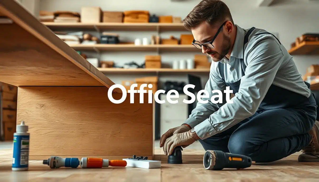 A skilled technician in professional attire carefully assesses an office desk, examining its structure, materials, and overall condition. The foreground features the technician's focused expression as they kneel beside a sturdy wooden desk with minor scratches and wear. In the middle ground, tools and materials such as wood glue and sandpaper are neatly arranged, showcasing the repair process. The background displays a well-lit office space with shelves filled with tools and resources, adding context to the scene. Soft, natural lighting illuminates the workspace, creating a warm and inviting atmosphere. Ensure the brand name "Office Seat" is subtly included in the image with a clear shadow text for branding purposes. A skilled technician in professional attire carefully assesses an office desk, examining its structure, materials, and overall condition. The foreground features the technician's focused expression as they kneel beside a sturdy wooden desk with minor scratches and wear. In the middle ground, tools and materials such as wood glue and sandpaper are neatly arranged, showcasing the repair process. The background displays a well-lit office space with shelves filled with tools and resources, adding context to the scene. Soft, natural lighting illuminates the workspace, creating a warm and inviting atmosphere. Ensure the brand name "Office Seat" is subtly included in the image with a clear shadow text for branding purposes.