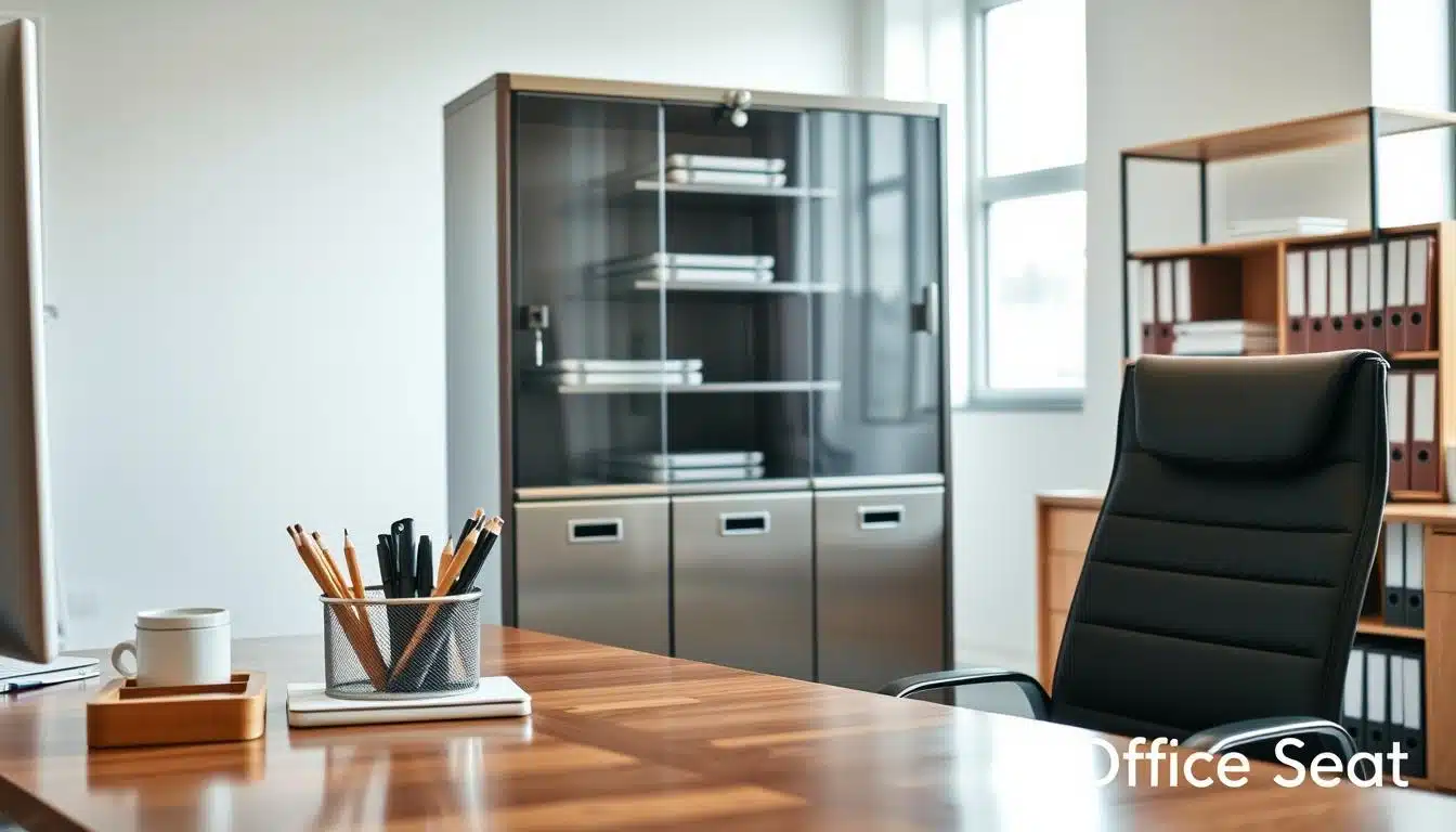 A sleek, modern metallic cabinet designed for document storage, featuring multiple shelves and a secure locking mechanism. The cabinet is positioned in a well-lit office environment, showcasing its practical design and organizational features. In the foreground, a polished wooden desk holds stationary items, while a comfortable office chair is placed beside it. The middle ground highlights the document cabinet against a backdrop of neatly organized office materials, such as binders and files. Soft, natural lighting filters through a nearby window, creating a professional and inviting atmosphere. The image should subtly incorporate the brand name "Office Seat" in the corner, ensuring it blends with the overall aesthetic without detracting from the main focus on the document cabinet. A sleek, modern metallic cabinet designed for document storage, featuring multiple shelves and a secure locking mechanism. The cabinet is positioned in a well-lit office environment, showcasing its practical design and organizational features. In the foreground, a polished wooden desk holds stationary items, while a comfortable office chair is placed beside it. The middle ground highlights the document cabinet against a backdrop of neatly organized office materials, such as binders and files. Soft, natural lighting filters through a nearby window, creating a professional and inviting atmosphere. The image should subtly incorporate the brand name "Office Seat" in the corner, ensuring it blends with the overall aesthetic without detracting from the main focus on the document cabinet.