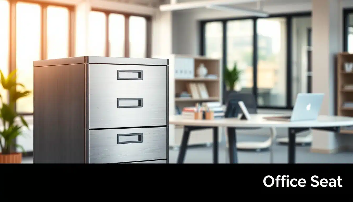 A sleek, modern metallic filing cabinet for documents, positioned prominently in an organized office environment. The foreground showcases the cabinet, featuring a brushed steel finish with multiple drawers, each slightly open to reveal neatly arranged files and folders. In the middle ground, a well-lit office table is visible, adorned with stationery and a laptop, hinting at a productive work atmosphere. The background is a blurred view of a contemporary office space, with large windows allowing soft, natural daylight to filter in, creating a warm ambiance. The overall mood is professional and efficient, emphasizing the importance of proper document organization. The image should include the brand name "Office Seat" subtly integrated as a shadowed text at the bottom, ensuring it's clearly legible. A sleek, modern metallic filing cabinet for documents, positioned prominently in an organized office environment. The foreground showcases the cabinet, featuring a brushed steel finish with multiple drawers, each slightly open to reveal neatly arranged files and folders. In the middle ground, a well-lit office table is visible, adorned with stationery and a laptop, hinting at a productive work atmosphere. The background is a blurred view of a contemporary office space, with large windows allowing soft, natural daylight to filter in, creating a warm ambiance. The overall mood is professional and efficient, emphasizing the importance of proper document organization. The image should include the brand name "Office Seat" subtly integrated as a shadowed text at the bottom, ensuring it's clearly legible.