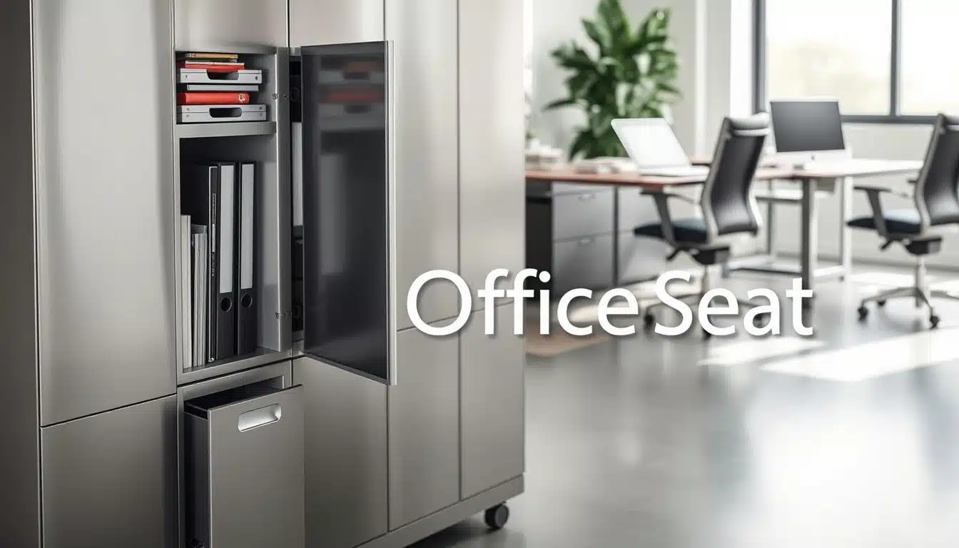A sleek, modern metallic storage cabinet fills the foreground, featuring multiple compartments for files and office materials, with a polished silver finish that reflects light. The cabinet is showcased with open doors, revealing neatly organized folders and supplies inside. In the middle ground, a minimalist office setting enhances the context, with a stylish desk and ergonomic chair in professional business attire, emphasizing a productive environment. The background includes a large window showcasing a bright day, allowing natural light to filter in softly, casting gentle shadows. The overall mood is professional and organized, conveying efficiency and modern design in office storage solutions. Subtly incorporate the brand name "Office Seat" in a clear, shadowed text overlay on the cabinet's side. A sleek, modern metallic storage cabinet fills the foreground, featuring multiple compartments for files and office materials, with a polished silver finish that reflects light. The cabinet is showcased with open doors, revealing neatly organized folders and supplies inside. In the middle ground, a minimalist office setting enhances the context, with a stylish desk and ergonomic chair in professional business attire, emphasizing a productive environment. The background includes a large window showcasing a bright day, allowing natural light to filter in softly, casting gentle shadows. The overall mood is professional and organized, conveying efficiency and modern design in office storage solutions. Subtly incorporate the brand name "Office Seat" in a clear, shadowed text overlay on the cabinet's side.
