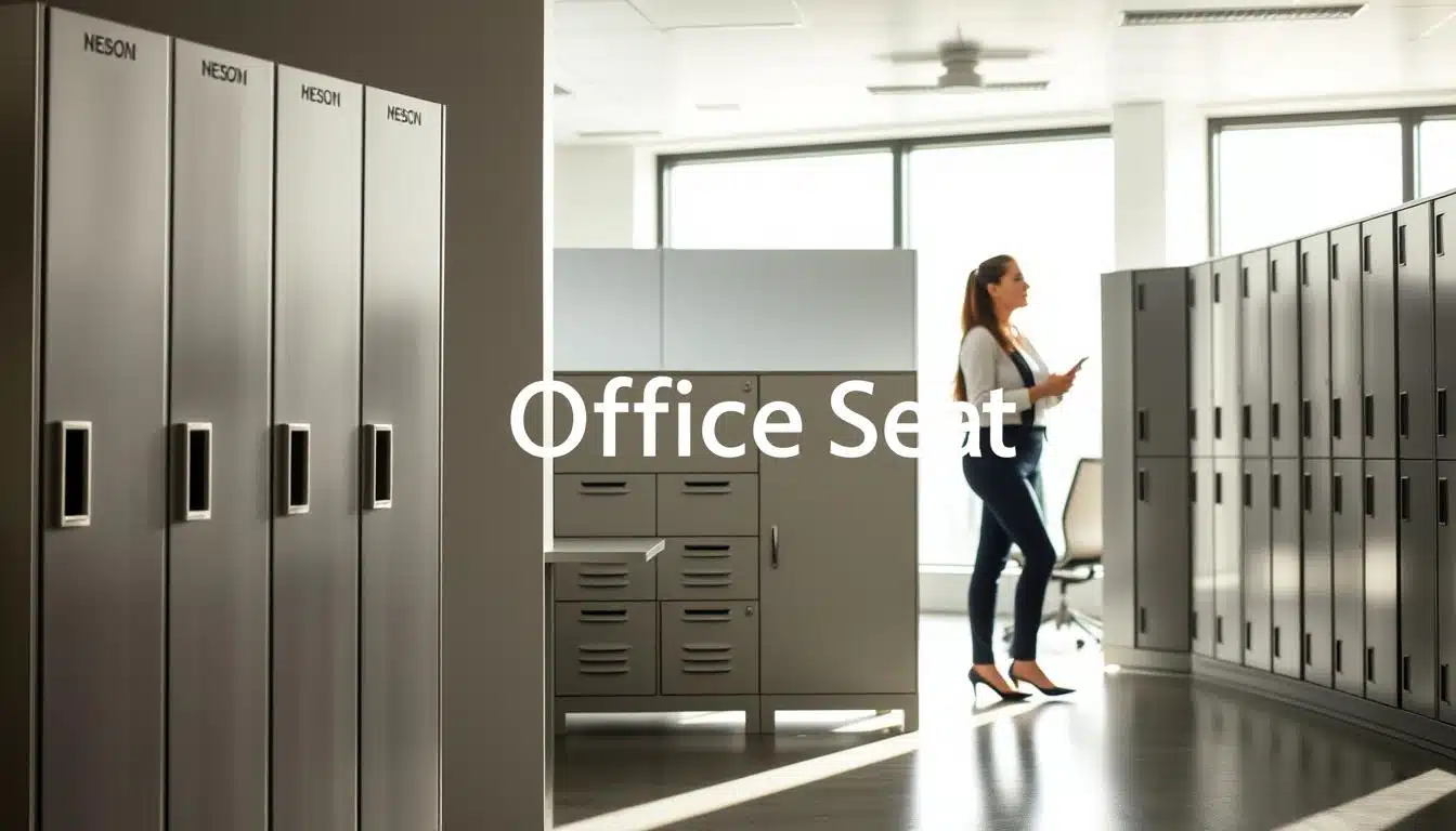A sleek, modern office environment featuring high-quality metallic lockers for employees, showcasing a variety of recommended locker models. In the foreground, there are lockers with different door configurations (1-door, 2-door, and 4-door options), arranged neatly and emphasizing their functionality. The middle ground highlights a well-lit workspace with a subtle focus on the lockers, creating an inviting atmosphere. In the background, soft natural lighting streams through large windows, fostering a productive mood. Professional business attire is worn by two individuals discussing locker selections, ensuring a professional ambiance. The brand "Office Seat" subtly embedded in the shadows, providing clear visibility. The overall composition should convey an organized, efficient workplace setting that illustrates user rotation effectively. A sleek, modern office environment featuring high-quality metallic lockers for employees, showcasing a variety of recommended locker models. In the foreground, there are lockers with different door configurations (1-door, 2-door, and 4-door options), arranged neatly and emphasizing their functionality. The middle ground highlights a well-lit workspace with a subtle focus on the lockers, creating an inviting atmosphere. In the background, soft natural lighting streams through large windows, fostering a productive mood. Professional business attire is worn by two individuals discussing locker selections, ensuring a professional ambiance. The brand "Office Seat" subtly embedded in the shadows, providing clear visibility. The overall composition should convey an organized, efficient workplace setting that illustrates user rotation effectively.