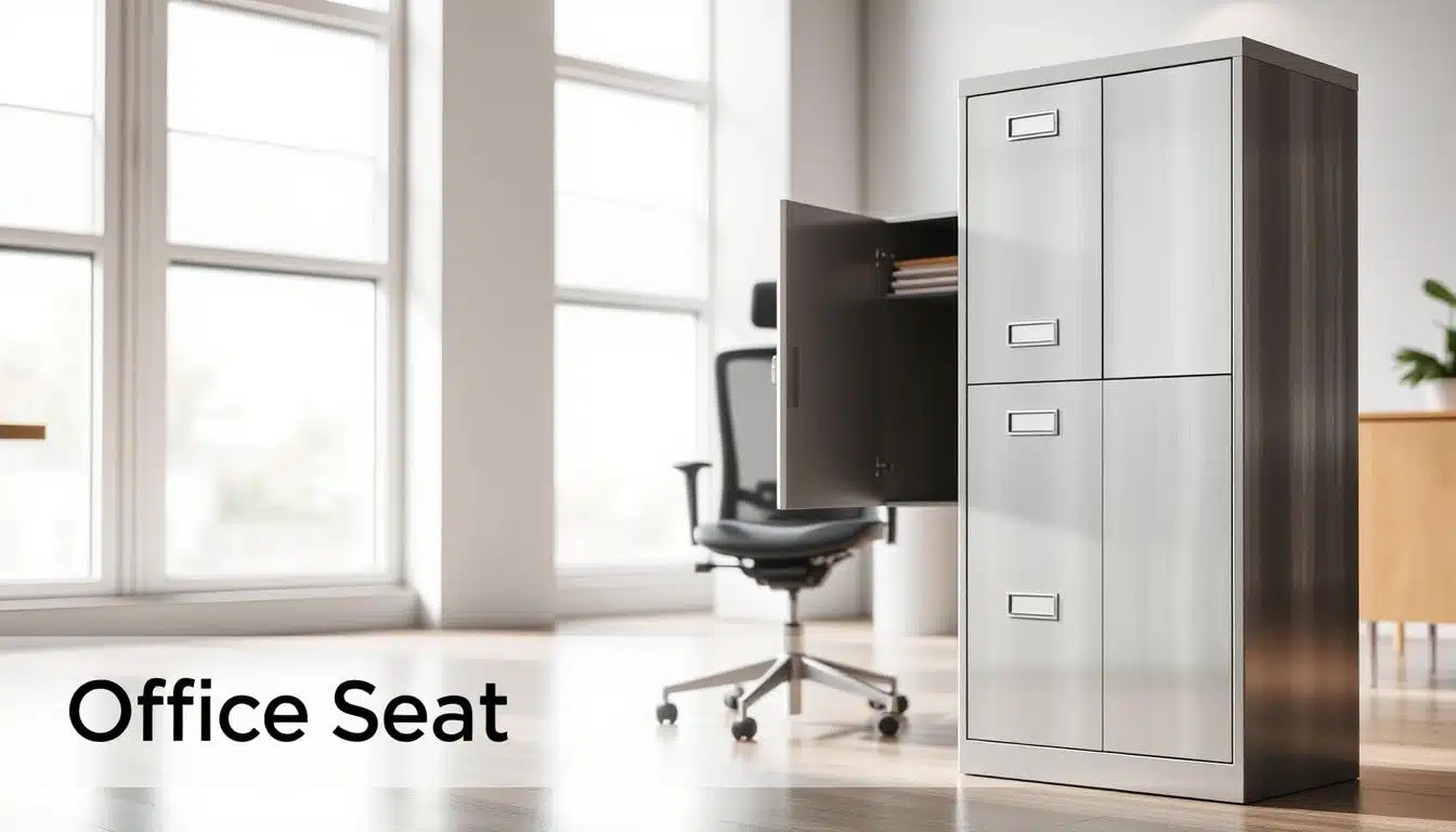A sleek, modern vertical metal file cabinet designed for an office setting, showcasing a polished steel finish that reflects light subtly. In the foreground, the cabinet is open to reveal neatly organized files and folders, with labels clearly visible. The middle of the image features a stylish ergonomic office chair with a contemporary design, placed next to the cabinet, emphasizing functionality and comfort. The background presents a softly lit office space with minimalistic decor, large windows allowing natural light to flood in, creating a bright and inviting atmosphere. A shadowed text overlay with the brand name "Office Seat" is subtly integrated into the bottom corner of the image. The overall mood is professional and organized, demonstrating the durability and aesthetic appeal of metal office furniture. A sleek, modern vertical metal file cabinet designed for an office setting, showcasing a polished steel finish that reflects light subtly. In the foreground, the cabinet is open to reveal neatly organized files and folders, with labels clearly visible. The middle of the image features a stylish ergonomic office chair with a contemporary design, placed next to the cabinet, emphasizing functionality and comfort. The background presents a softly lit office space with minimalistic decor, large windows allowing natural light to flood in, creating a bright and inviting atmosphere. A shadowed text overlay with the brand name "Office Seat" is subtly integrated into the bottom corner of the image. The overall mood is professional and organized, demonstrating the durability and aesthetic appeal of metal office furniture.