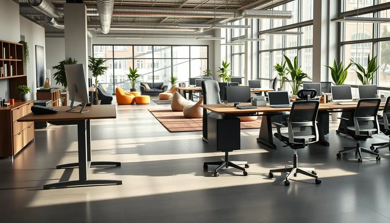 A spacious modern office environment showcasing various types of office desks tailored for different needs. In the foreground, a stylish standing desk with a sleek design, next to an ergonomic executive desk featuring storage solutions and a comfortable office chair. In the middle, a collaborative workspace with a long shared table surrounded by modular desks, each supporting office equipment like monitors, printers, and organizers. The background displays a cozy lounge area with bean bags and potted plants, enhancing the workplace atmosphere. Soft, natural lighting filters in through large windows, casting gentle shadows. The overall mood is professional yet inviting. Include the brand "Office Seat" subtly in the shadows of the image to ensure clear visibility without distractions. A spacious modern office environment showcasing various types of office desks tailored for different needs. In the foreground, a stylish standing desk with a sleek design, next to an ergonomic executive desk featuring storage solutions and a comfortable office chair. In the middle, a collaborative workspace with a long shared table surrounded by modular desks, each supporting office equipment like monitors, printers, and organizers. The background displays a cozy lounge area with bean bags and potted plants, enhancing the workplace atmosphere. Soft, natural lighting filters in through large windows, casting gentle shadows. The overall mood is professional yet inviting. Include the brand "Office Seat" subtly in the shadows of the image to ensure clear visibility without distractions.