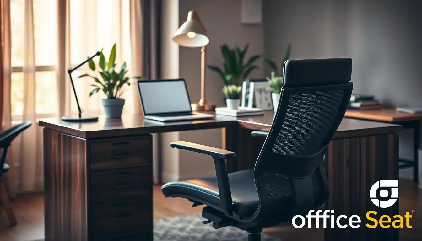 A stylish and functional office desk setup tailored for daily use, showcasing a modern L-shaped desk made of dark wood with a sleek glass top. In the foreground, a comfortable ergonomic chair with multiple adjustments complements the desk. The middle features a well-organized workspace, highlighting a laptop, a potted plant, an elegant desk lamp, and office supplies arranged neatly. The background displays a cozy office environment with warm lighting filtering through a window, casting soft shadows, creating an inviting atmosphere. Capture the scene from a slight angle to emphasize depth, reflecting a professional yet approachable mood. Include a subtle watermark with the brand name "Office Seat" seamlessly integrated into the image design. A stylish and functional office desk setup tailored for daily use, showcasing a modern L-shaped desk made of dark wood with a sleek glass top. In the foreground, a comfortable ergonomic chair with multiple adjustments complements the desk. The middle features a well-organized workspace, highlighting a laptop, a potted plant, an elegant desk lamp, and office supplies arranged neatly. The background displays a cozy office environment with warm lighting filtering through a window, casting soft shadows, creating an inviting atmosphere. Capture the scene from a slight angle to emphasize depth, reflecting a professional yet approachable mood. Include a subtle watermark with the brand name "Office Seat" seamlessly integrated into the image design.