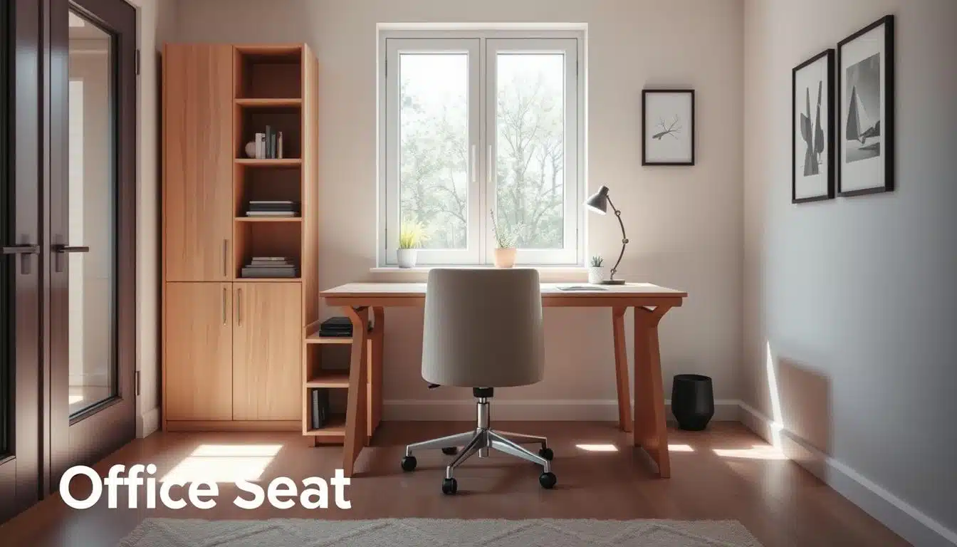 A stylish, modern desk designed for small spaces, positioned in a cozy, well-lit home office. The foreground features a sleek, compact desk made of light wood with built-in shelving and minimalist design elements, ideal for maximizing functionality without clutter. In the middle ground, a comfortable chair in soft fabric complements the desk, both positioned near a window that allows natural light to stream in. The background showcases light-colored walls adorned with simple art pieces and a small indoor plant, creating a serene and inviting atmosphere. The lighting is bright and airy, emphasizing the open feel of the space. The brand "Office Seat" is subtly incorporated in the bottom corner of the image, ensuring visibility without detracting from the main subject. A stylish, modern desk designed for small spaces, positioned in a cozy, well-lit home office. The foreground features a sleek, compact desk made of light wood with built-in shelving and minimalist design elements, ideal for maximizing functionality without clutter. In the middle ground, a comfortable chair in soft fabric complements the desk, both positioned near a window that allows natural light to stream in. The background showcases light-colored walls adorned with simple art pieces and a small indoor plant, creating a serene and inviting atmosphere. The lighting is bright and airy, emphasizing the open feel of the space. The brand "Office Seat" is subtly incorporated in the bottom corner of the image, ensuring visibility without detracting from the main subject.