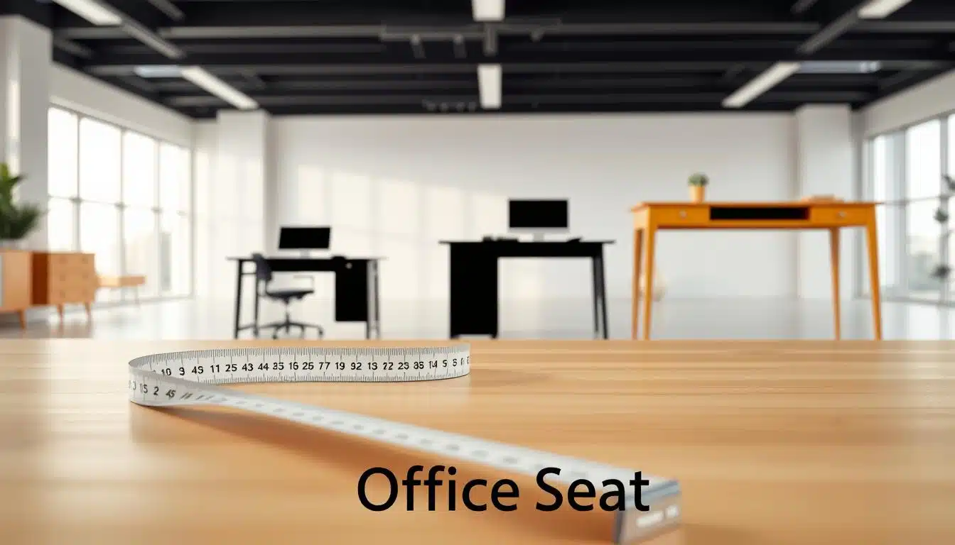 A stylish office space showcasing a variety of desk measurements. In the foreground, a sleek measuring tape lays across a modern, wooden desk with clean lines. In the middle ground, two detailed silhouettes of desks of different sizes stand side by side, one being compact and the other spacious, both elegantly designed. The background features a well-lit, minimalistic office with large windows, letting in soft, natural light, enhancing the vibrant colors of the furniture. The overall atmosphere is professional yet inviting, ideal for a home or corporate workspace. The brand name "Office Seat" is subtly incorporated in the bottom corner, ensuring it remains visible and legible. A stylish office space showcasing a variety of desk measurements. In the foreground, a sleek measuring tape lays across a modern, wooden desk with clean lines. In the middle ground, two detailed silhouettes of desks of different sizes stand side by side, one being compact and the other spacious, both elegantly designed. The background features a well-lit, minimalistic office with large windows, letting in soft, natural light, enhancing the vibrant colors of the furniture. The overall atmosphere is professional yet inviting, ideal for a home or corporate workspace. The brand name "Office Seat" is subtly incorporated in the bottom corner, ensuring it remains visible and legible.